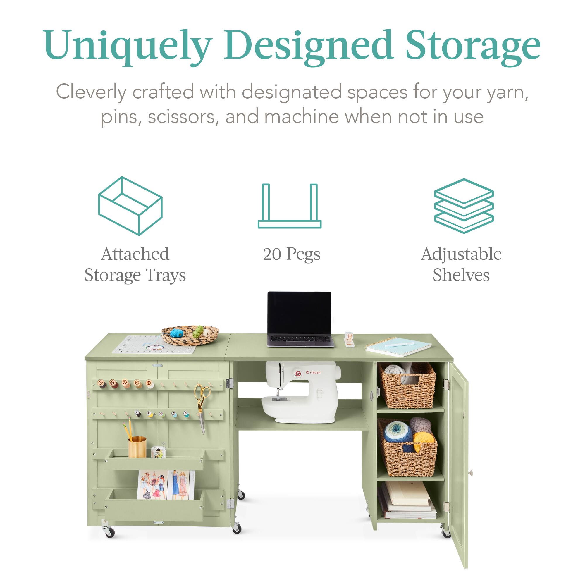 Uniquely Designed Storage

Cleverly crafted with designated spaces for your yarn, pins, scissors, and machine when not in use.

- Attached Storage Trays
- 20 Pegs
- Adjustable Shelves