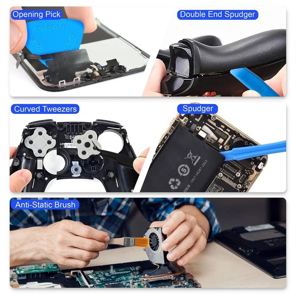 - Opening Pick
- Double End Spudger
- Curved Tweezers
- Spudger
- Anti-Static Brush