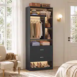 Aheaplus - Freestanding 24" Closet System with 2 Drawers, 6 Shelves & Hanging Rod - Small Walk-in Organizer - Black