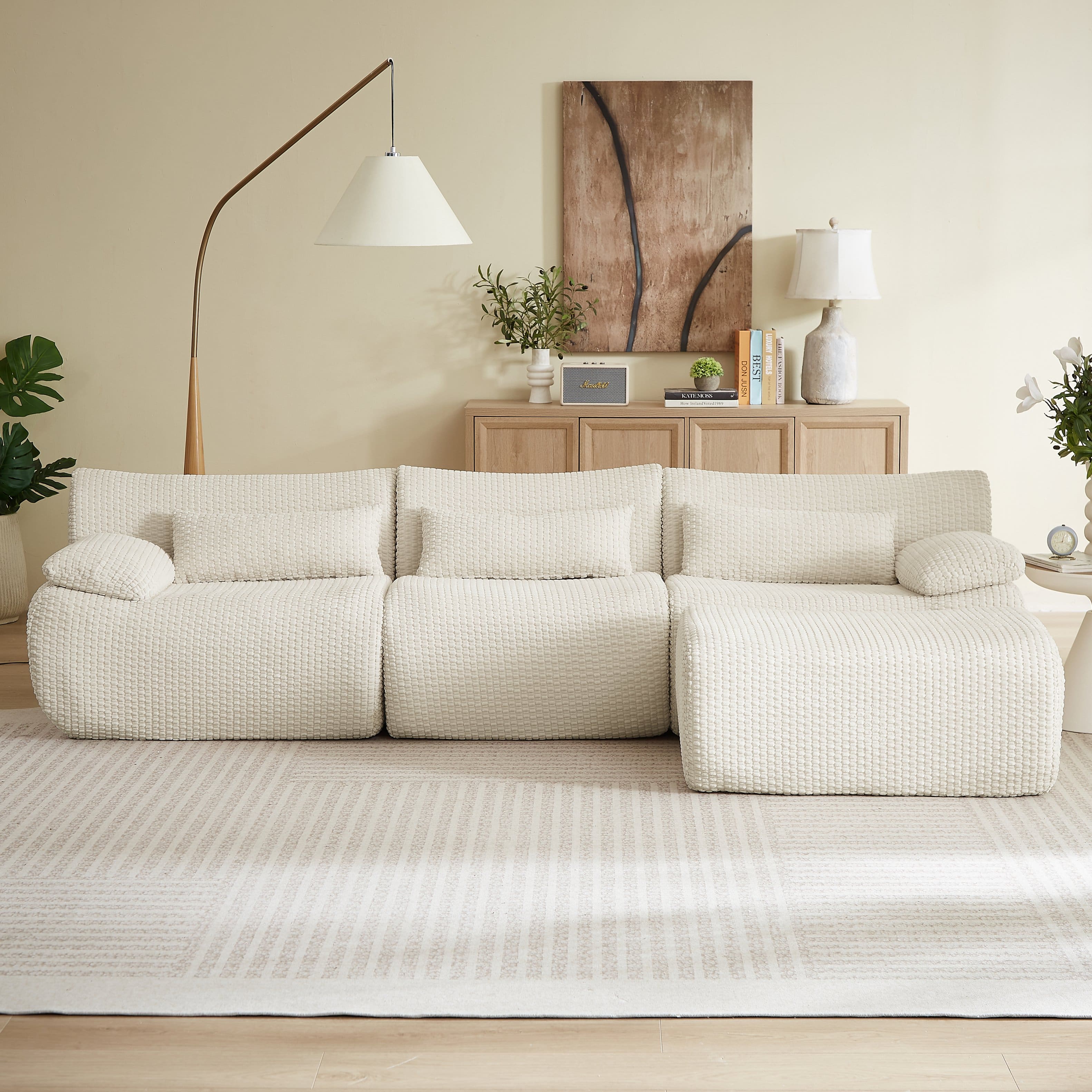 Anysun - 4 Seat L Shaped Modular Sectional Sofa with Cloud Comfort, Corduroy Fabric & No Assembly for Living Room - Cream