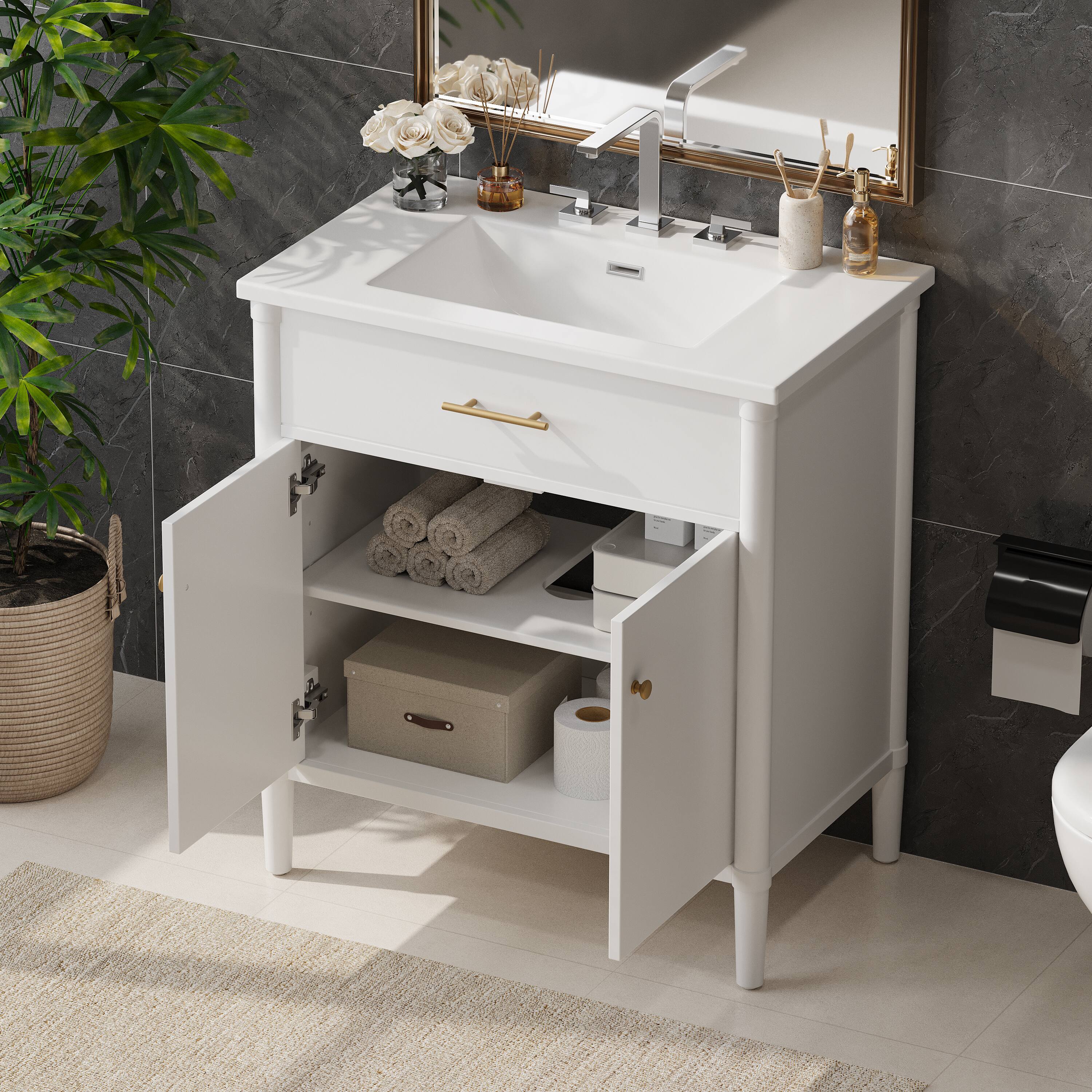 Alt View 1. Loheer - 2.58 ft Bathroom Vanity with Sink, Soft-Close Doors, Adjustable Shelf, Curved White Cabinet. - White.