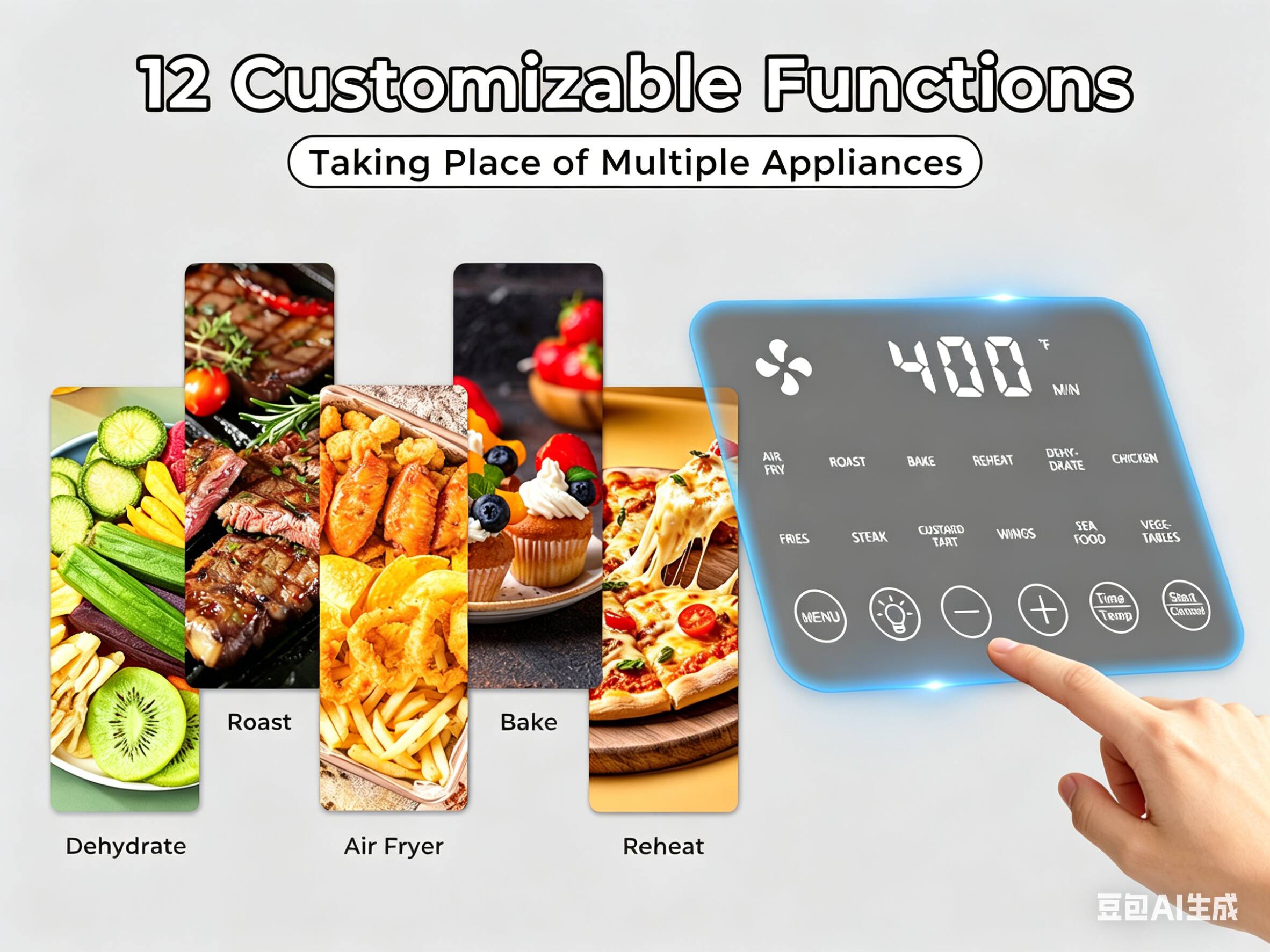 12 Customizable Functions Taking Place of Multiple Appliances

- Roast
- Bake
- Air Fryer
- Reheat
- Dehydrate
- Chicken
- Fries
- Steak
- Custard Tart
- Wings
- Sea Food
- Veggie Tables

MENU

Time Temp Start Cancel