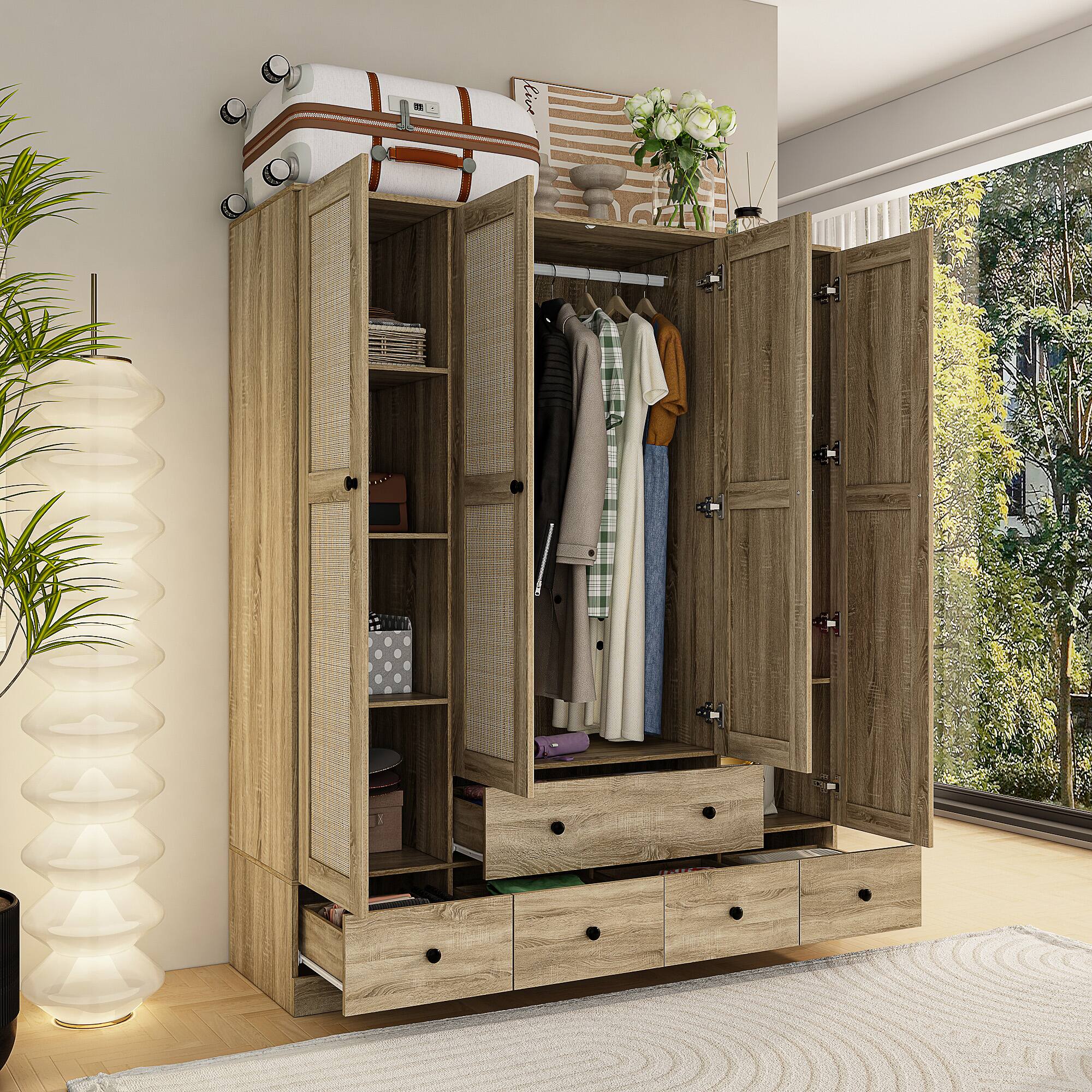 Left. Famapy - Woven Rattan Wardrobe with Large Hanging Space, Multi-Shelf Storage & Drawers for Bedroom & Closet - Wooden.