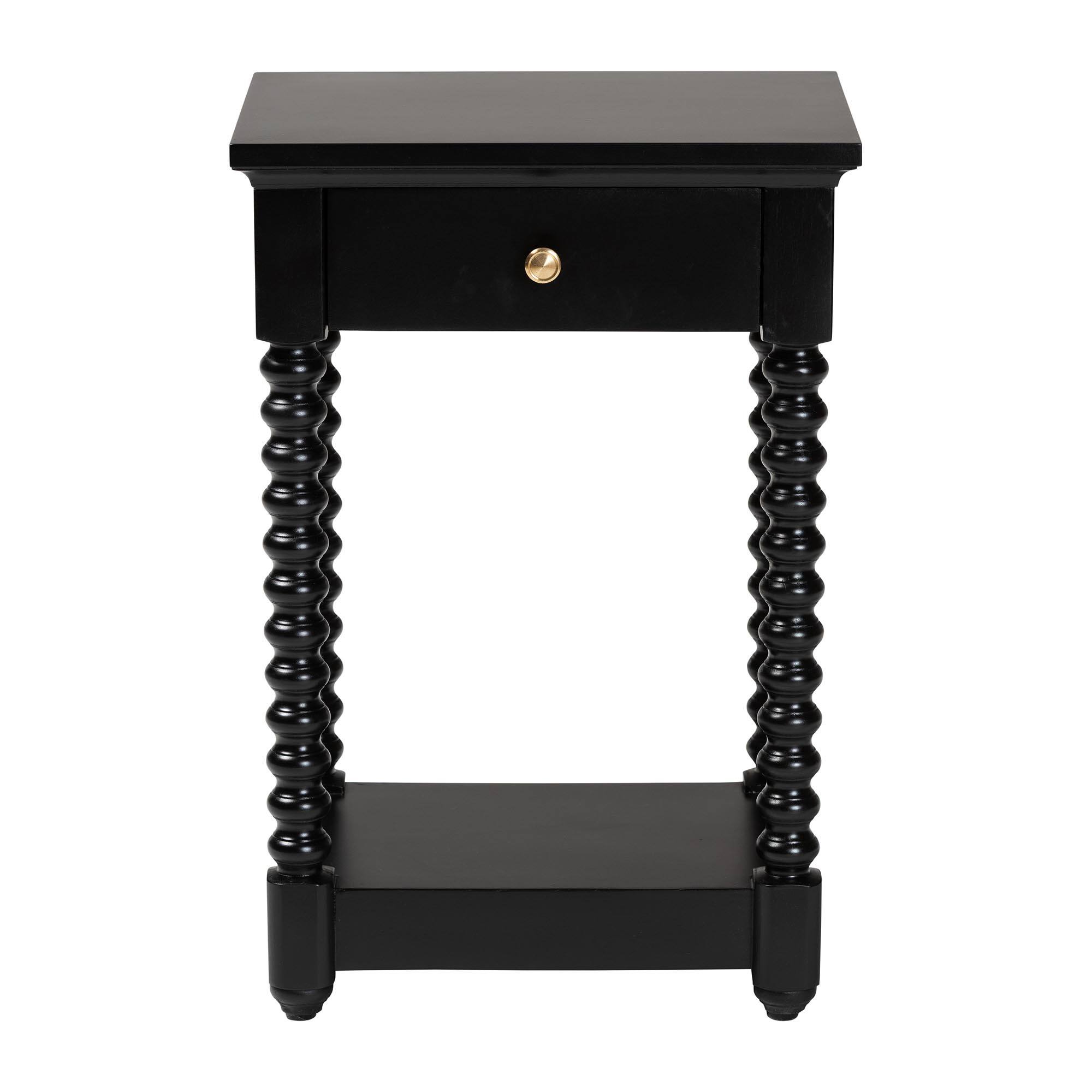 Left. bali & pari - Baxton Studio Terentia Nightstand with Bobbin Legs - 1-Drawer Bedroom Side Table with Storage Shelf, Black - Black.