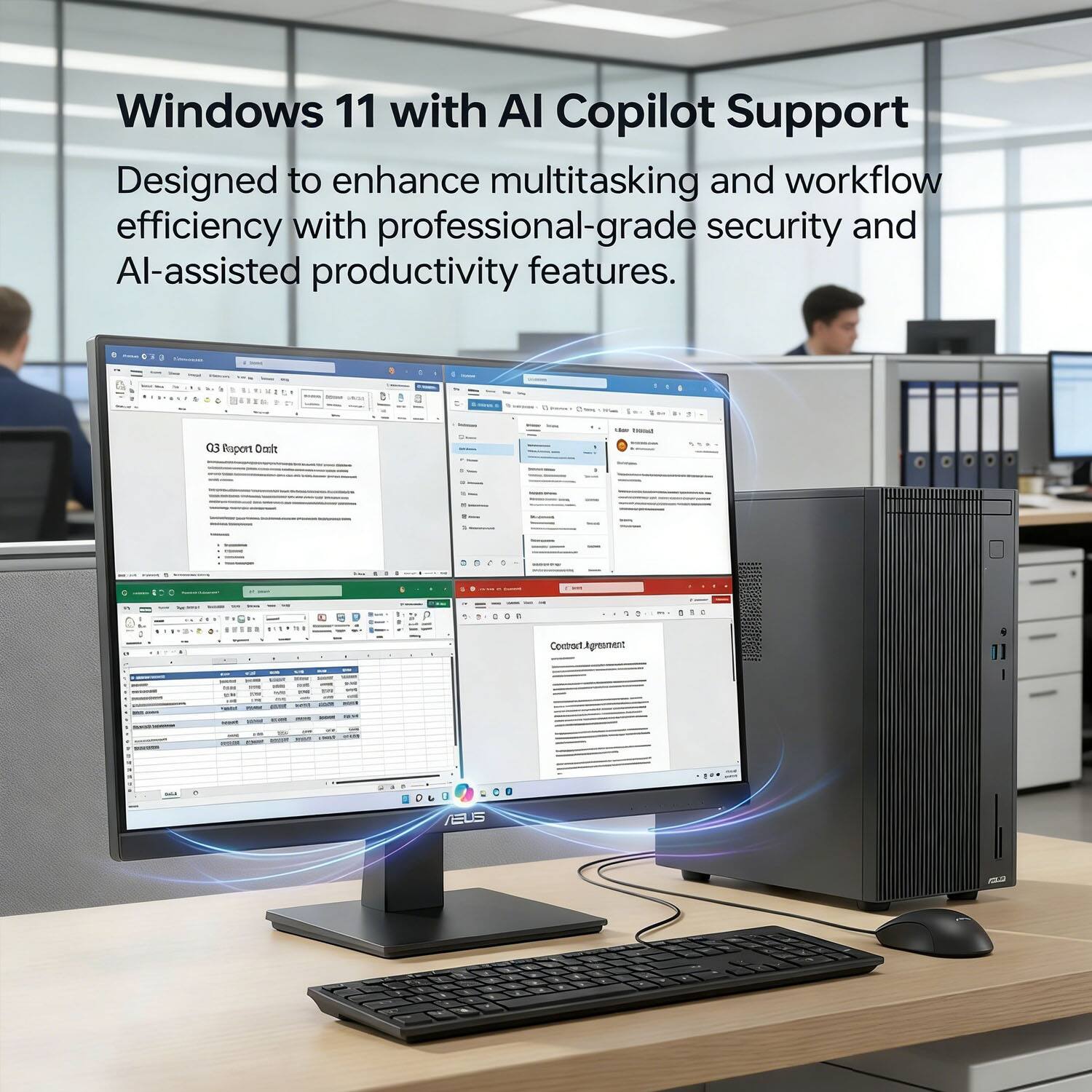 Windows 11 with AI Copilot Support  
Designed to enhance multitasking and workflow efficiency with professional-grade security and AI-assisted productivity features.