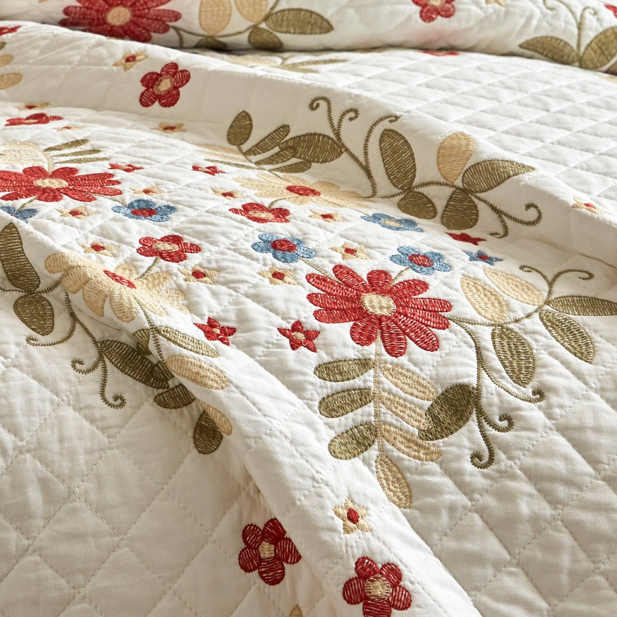 Alt View 4. MarCielo - Marcielo 3 Pieces Cotton European Folk Embroidered Quilt Bedspread Set Modern Farmhouse Style - White.