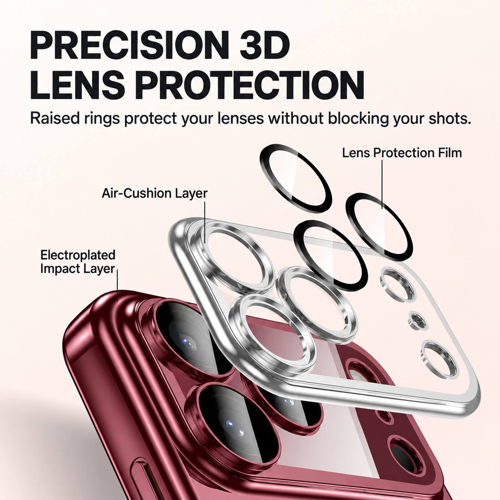 PRECISION 3D LENS PROTECTION  
Raised rings protect your lenses without blocking your shots.  

Lens Protection Film  
Air-Cushion Layer  
Electroplated Impact Layer
