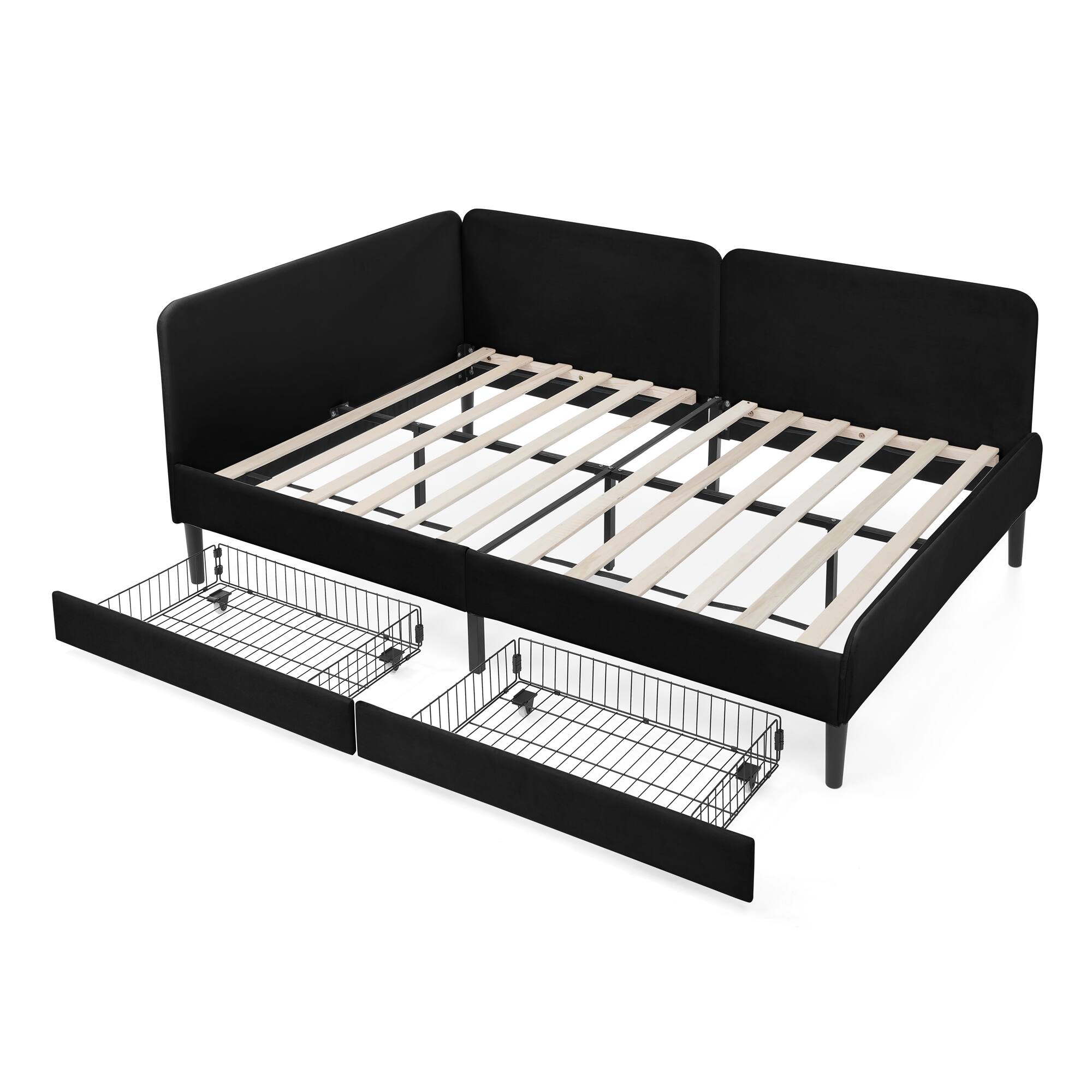 Front. Ecooso - Full Size Upholstered Platform Bed Frame with 2 Storage Drawers, Adjustable Velvet Sofa Bed - Black.