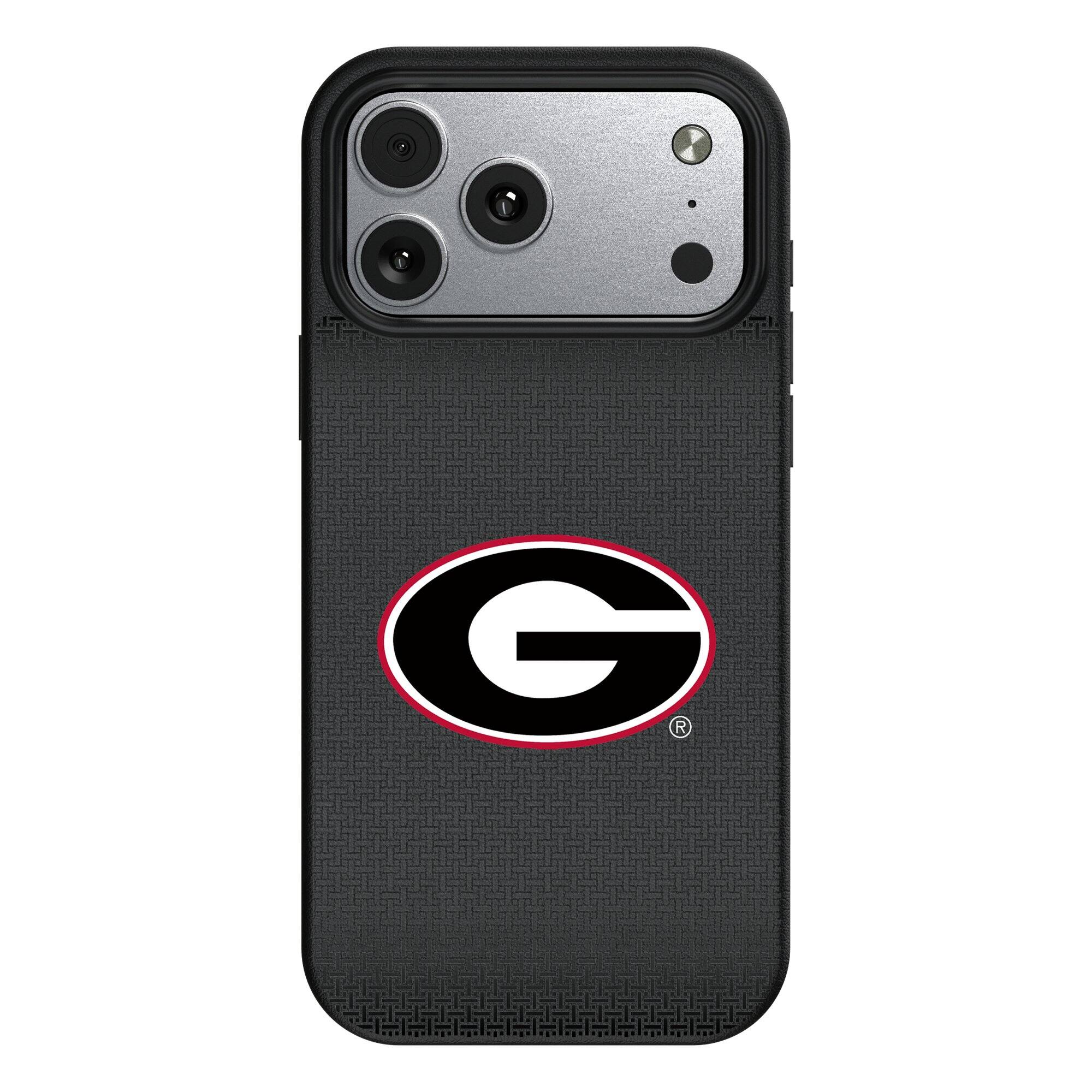 Front. Keyscaper - Georgia Bulldogs Linen Logo iPhone Magnetic Bump Case - 15 Pro - Black.