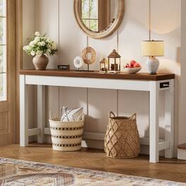 Aheaplus - 63'' Long Narrow Console Table with Charging Station for Entryway - White & Walnut