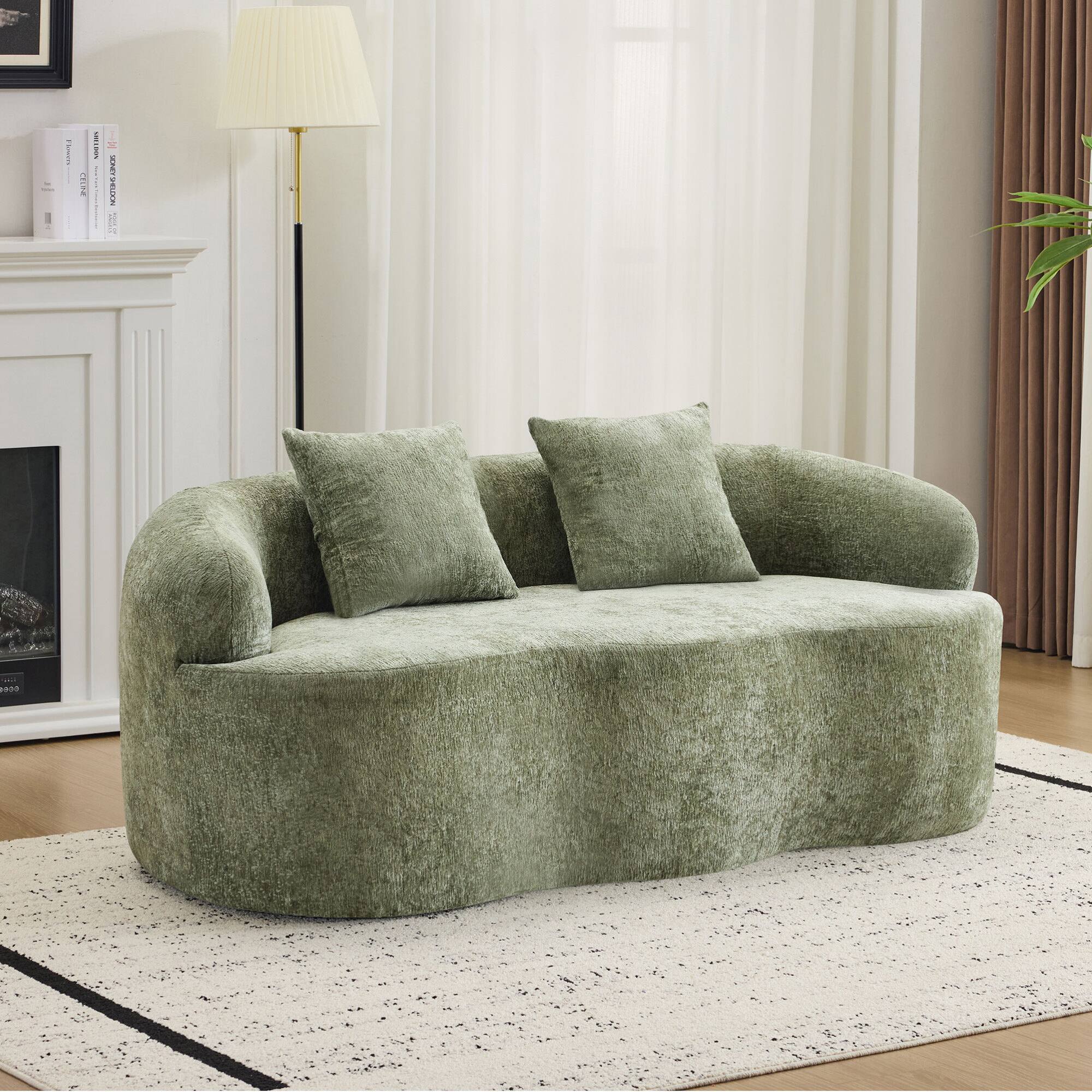 Back. GOODSILO - Curved Loveseat Sofa with Round Armrest and Compression Cushioning, Includes Two Decorative Pillows - Green.