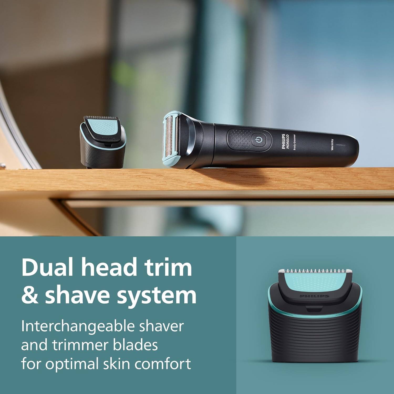 PHILIPS Norelco  
msbo Dual head trim & shave system  
Interchangeable shaver and trimmer blades for optimal skin comfort