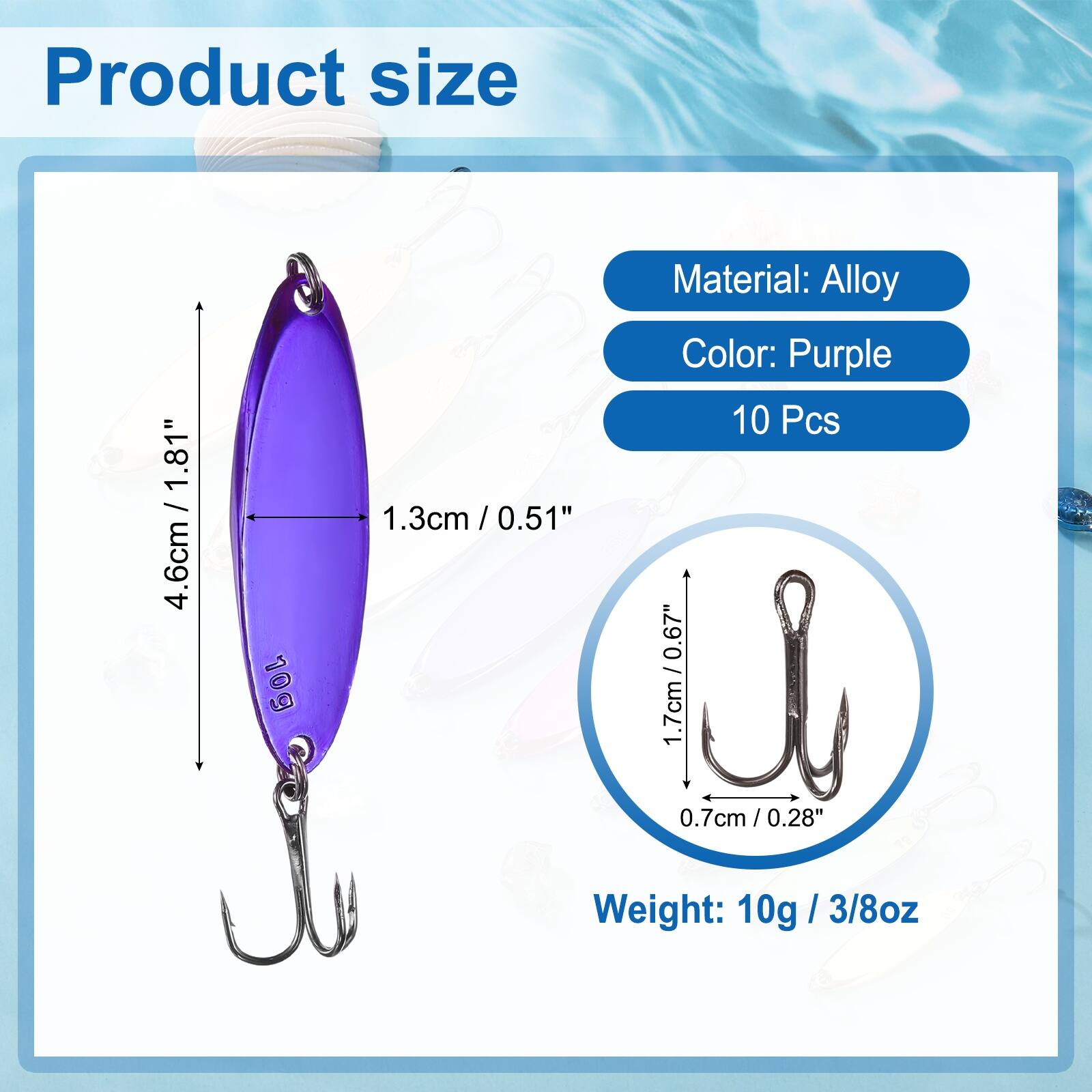 Product size: 1.81" / 4.6cm  
1.3cm / 0.51"  
Material: Alloy  
Color: Purple  
10 Pcs  
0.67" / 1.7cm  
0.7cm / 0.28"  
Weight: 10g / 3/8oz