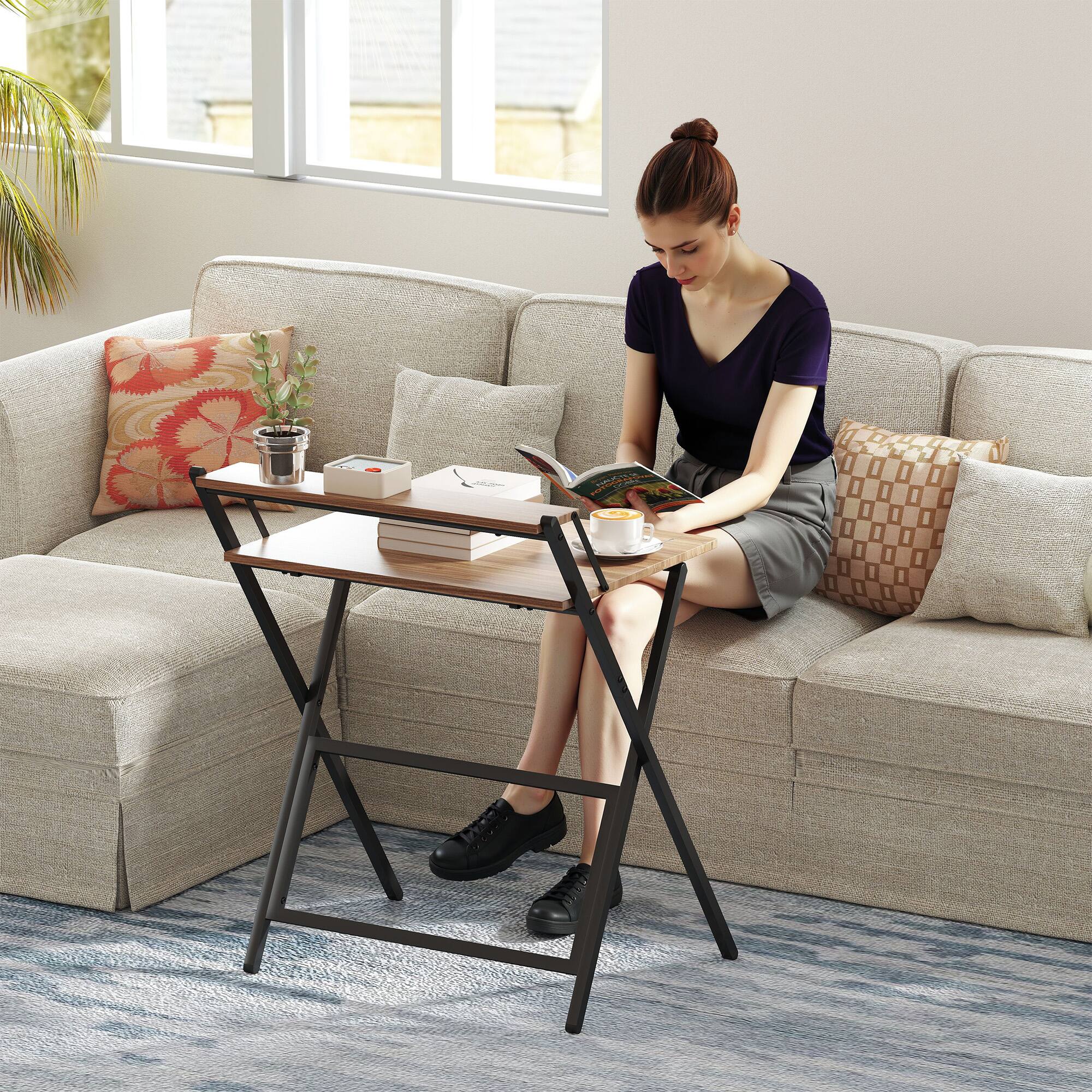 Alt View 7. Homcom - Small Folding Desk, 27.6 Inch Foldable Computer Desk with Monitor Shelf, Space Saving Portable Writing Table - Walnut.