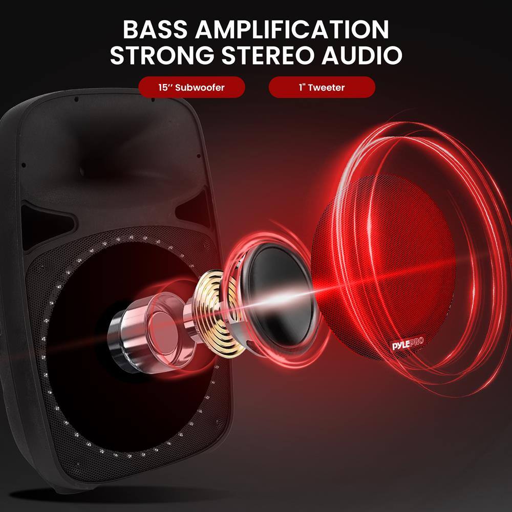 BASS AMPLIFICATION  
STRONG STEREO AUDIO  

15" Subwoofer  
1" Tweeter  

PYLEPRO