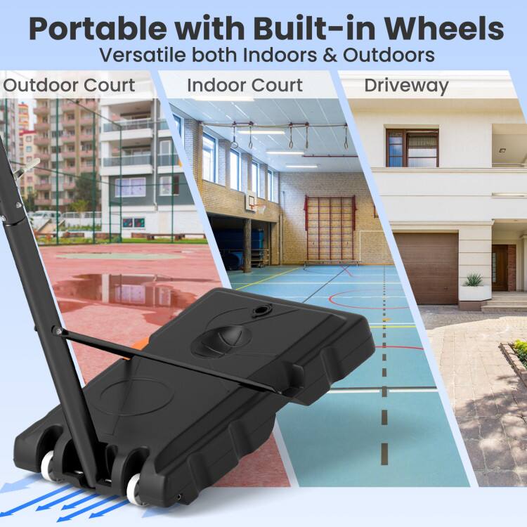 Portable with Built-in Wheels  
Versatile both Indoors & Outdoors  
Outdoor Court  
Indoor Court  
Driveway