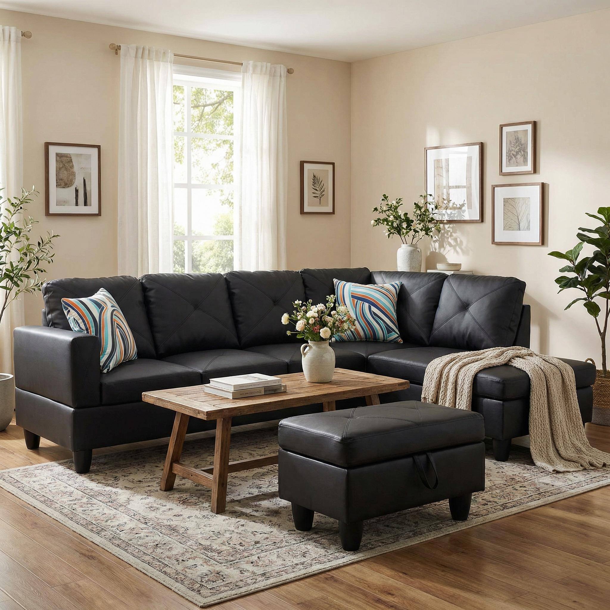Alt View 2. Boyel Living - Premium Semi PU Upholstered Sofa Solid Wood Frame Double Spring with Right Chaise Lounge - Black.