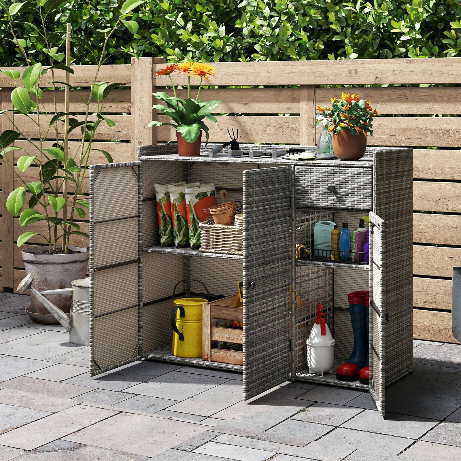 Alt View 1. Costway - Costway Outdoor PE Wicker Storage Cabinet with 3 Doors Adjustable Shelves and Drawer - Mix Gray.