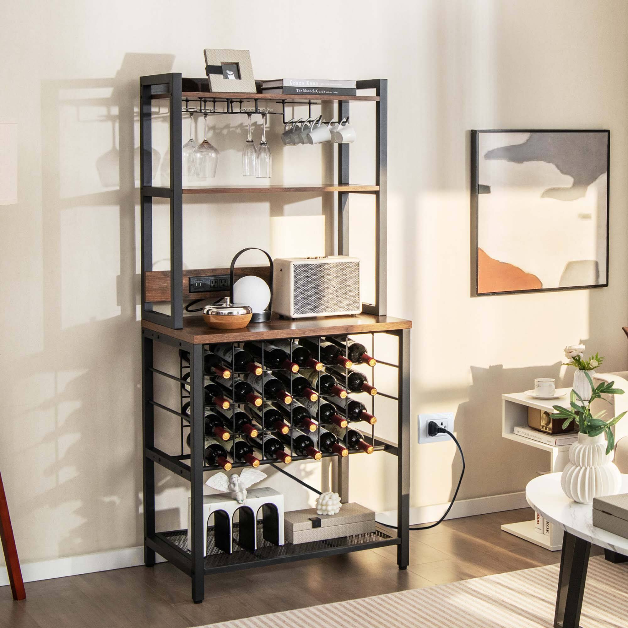 Alt View 1. Costway - Costway Wine Bar Cabinet with 4 Tier Storage Shelves Glass Holders Bottle Racks Industrial - Brown,Black.