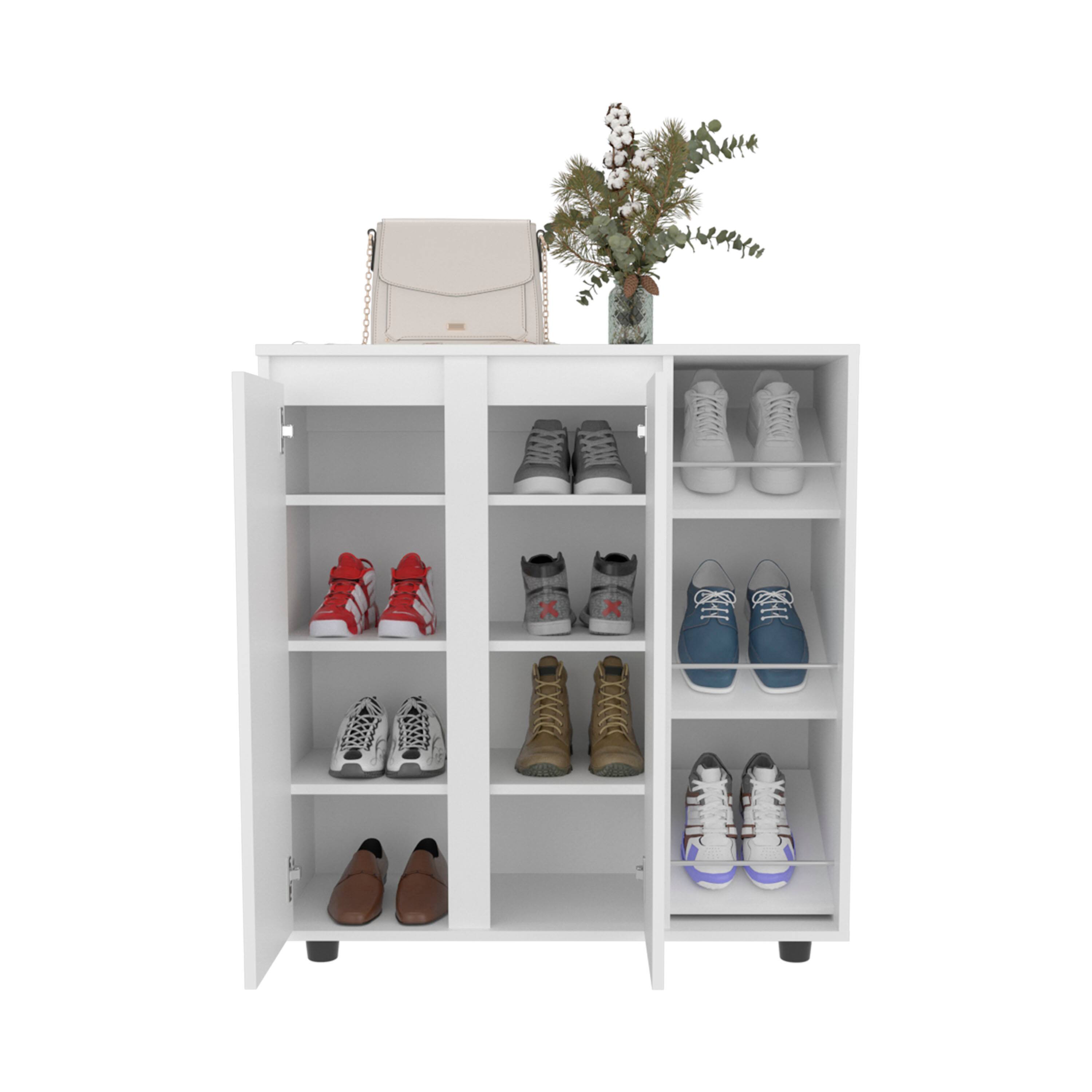 Alt View 2. TinyHomie - Gitano Shoe Storage Cabinet 2 Doors 8 Enclosed Shelves 3 Open Side Shelves Freestanding Design - White.
