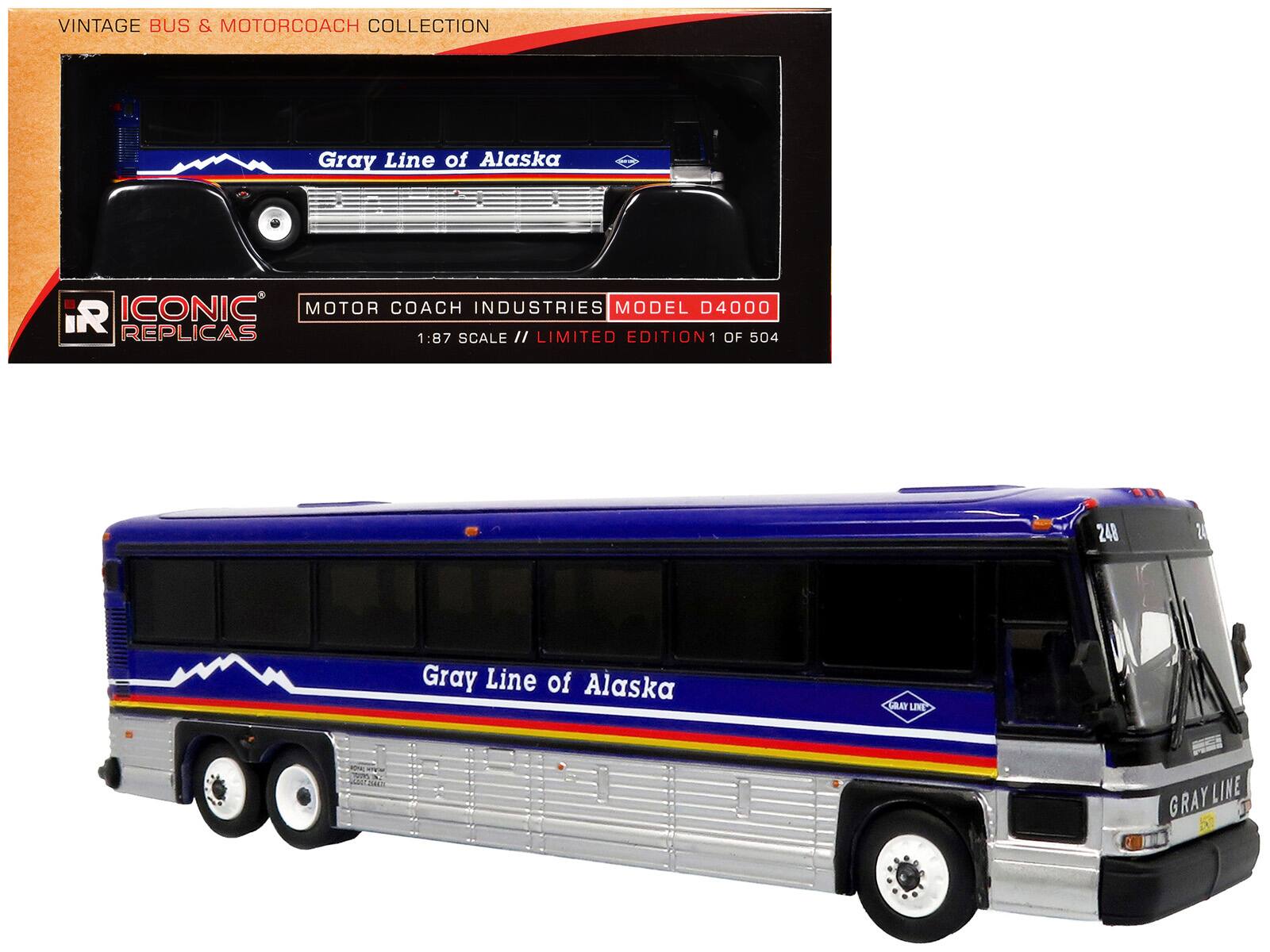 VINTAGE BUS & MOTORCOACH COLLECTION  
Gray Line of Alaska  

ICONIC REPLICAS  
MOTOR COACH INDUSTRIES  
MODEL D4000  
1:87 SCALE // LIMITED EDITION 1 OF 504  

Gray Line of Alaska  
248