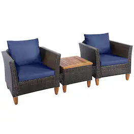 Costway - 3PCS Patio Wicker Rattan Sofa Set Furniture Outdoor Acacia Wood Conversation - Navy