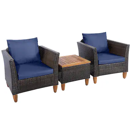 Front. Costway - Costway 3PCS Patio Wicker Rattan Sofa Set Furniture Outdoor Acacia Wood Conversation - Navy.