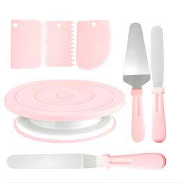 Kitcheniva - 10.8" Plastic Revolving Cake Turntable Stand Set with Cake Smoothers, Cake Spatula & Scrapers, 7-Piece Set