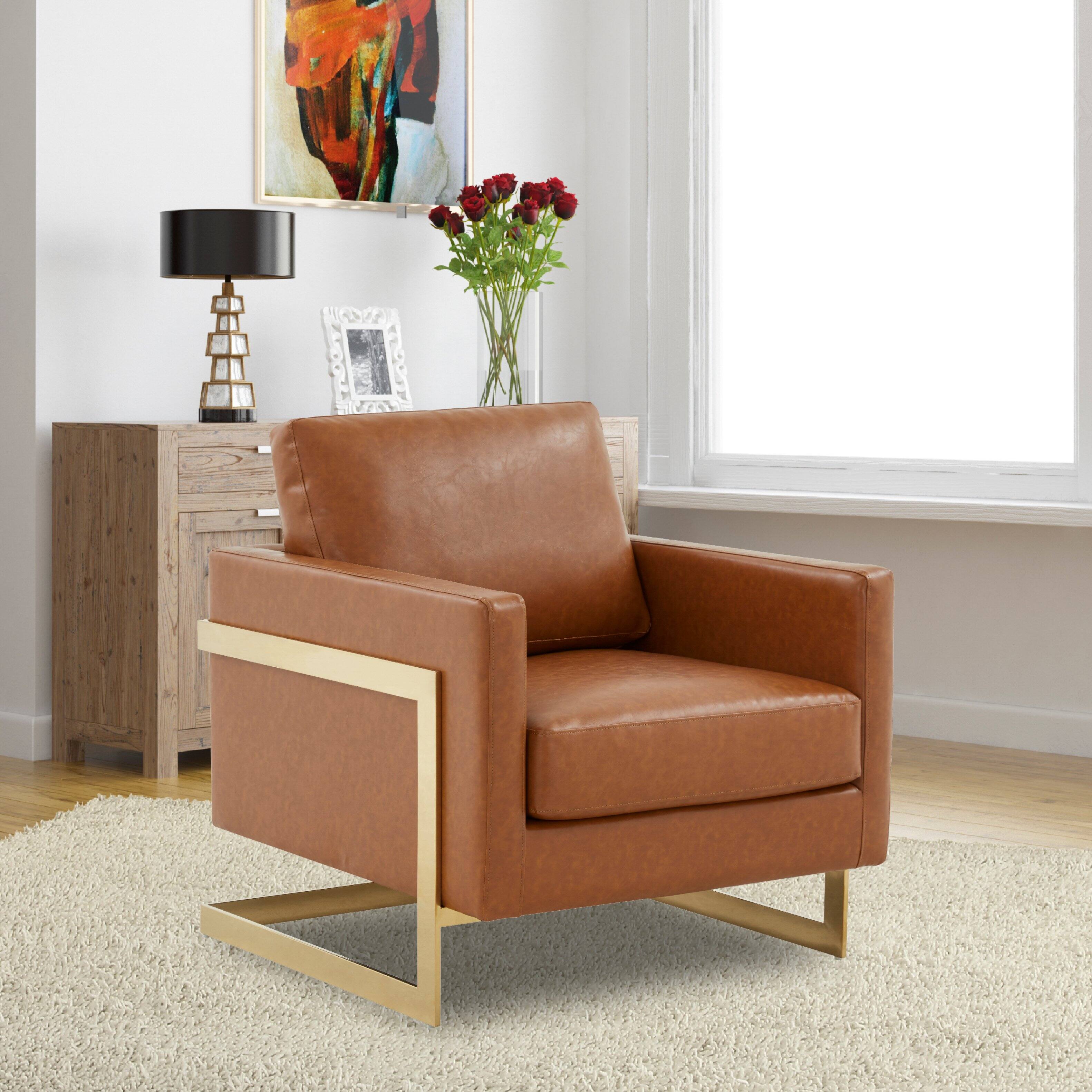 Back. LeisureMod - Lincoln Modern Leather Accent Chair, Gold Stainless Steel Base Armchair - Fully Assembled - Cognac Tan.