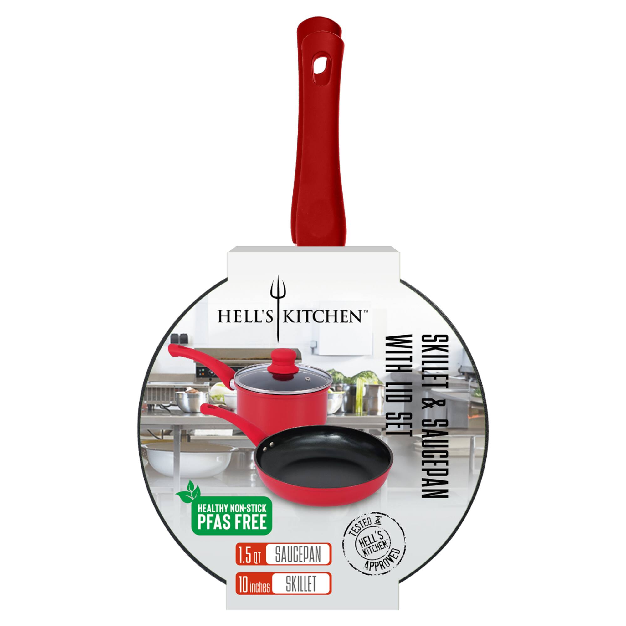 HELL'S KITCHEN WITH SKILLET LID & SET SAUCEPAN HEALTHY NON-STICK PFAS FREE TESTED S HELL KITCHEN 1.5 QT SAUCEPAN APPROVED 10 inches SKILLET