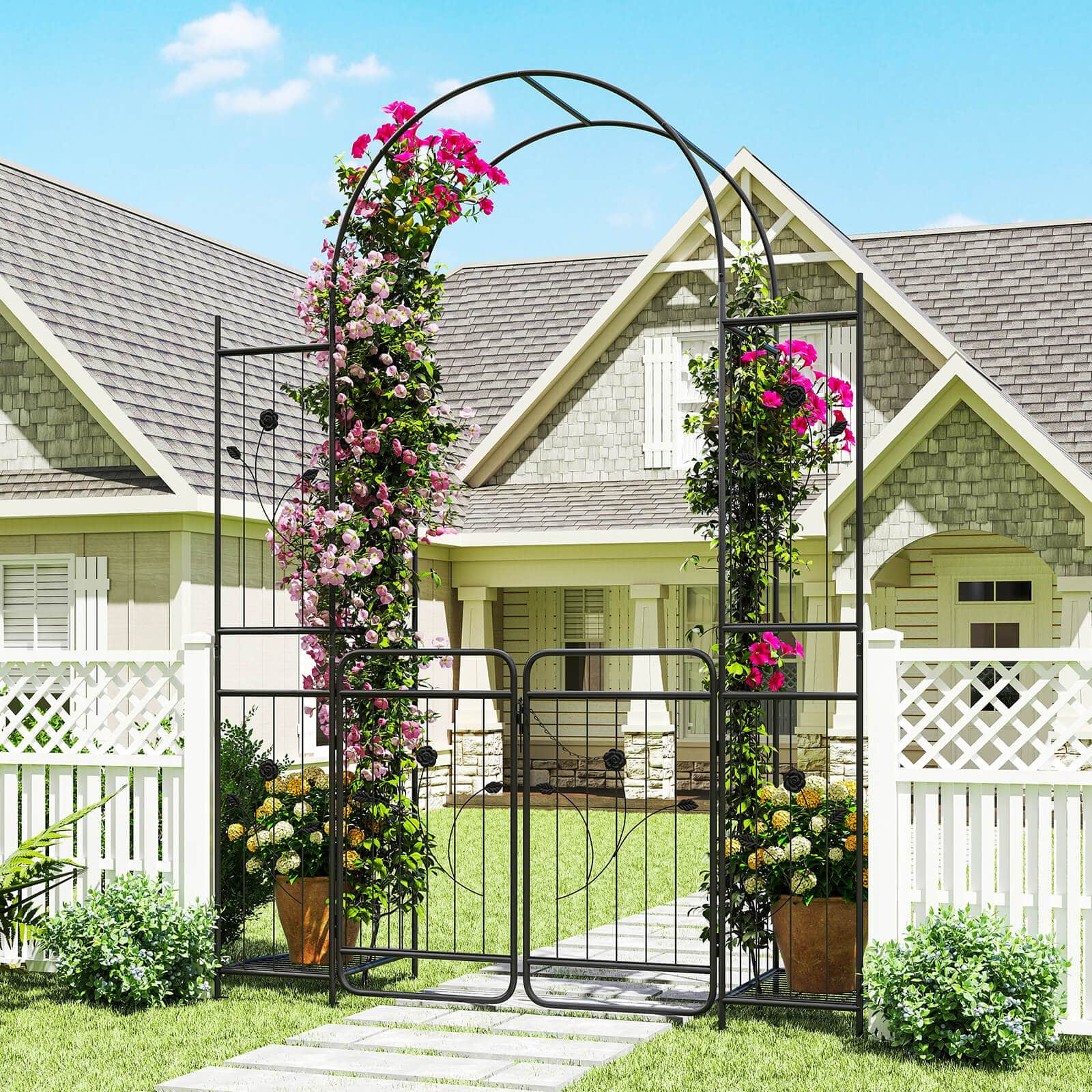 Costway - 87" Tall Garden Arch with Gate, Planter Shelves & Trellises. Metal Arbor for Patio - Black