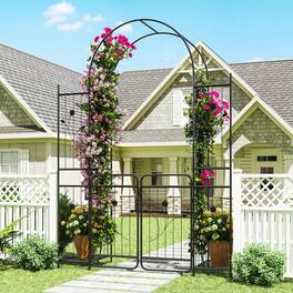 Costway - 87" Tall Garden Arch with Gate, Planter Shelves & Trellises. Metal Arbor for Patio - Black
