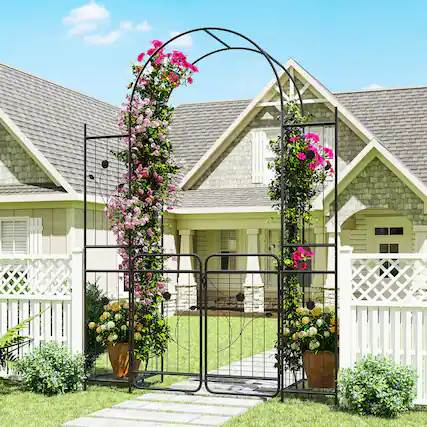 Front. Costway - Costway 87" Tall Garden Arch with Gate, Planter Shelves & Trellises. Metal Arbor for Patio - Black.