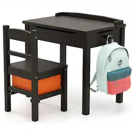 Gymax - Kids Table and Chair Set Wood Activity Study Desk w/ Storage Drawer Hook - Brown