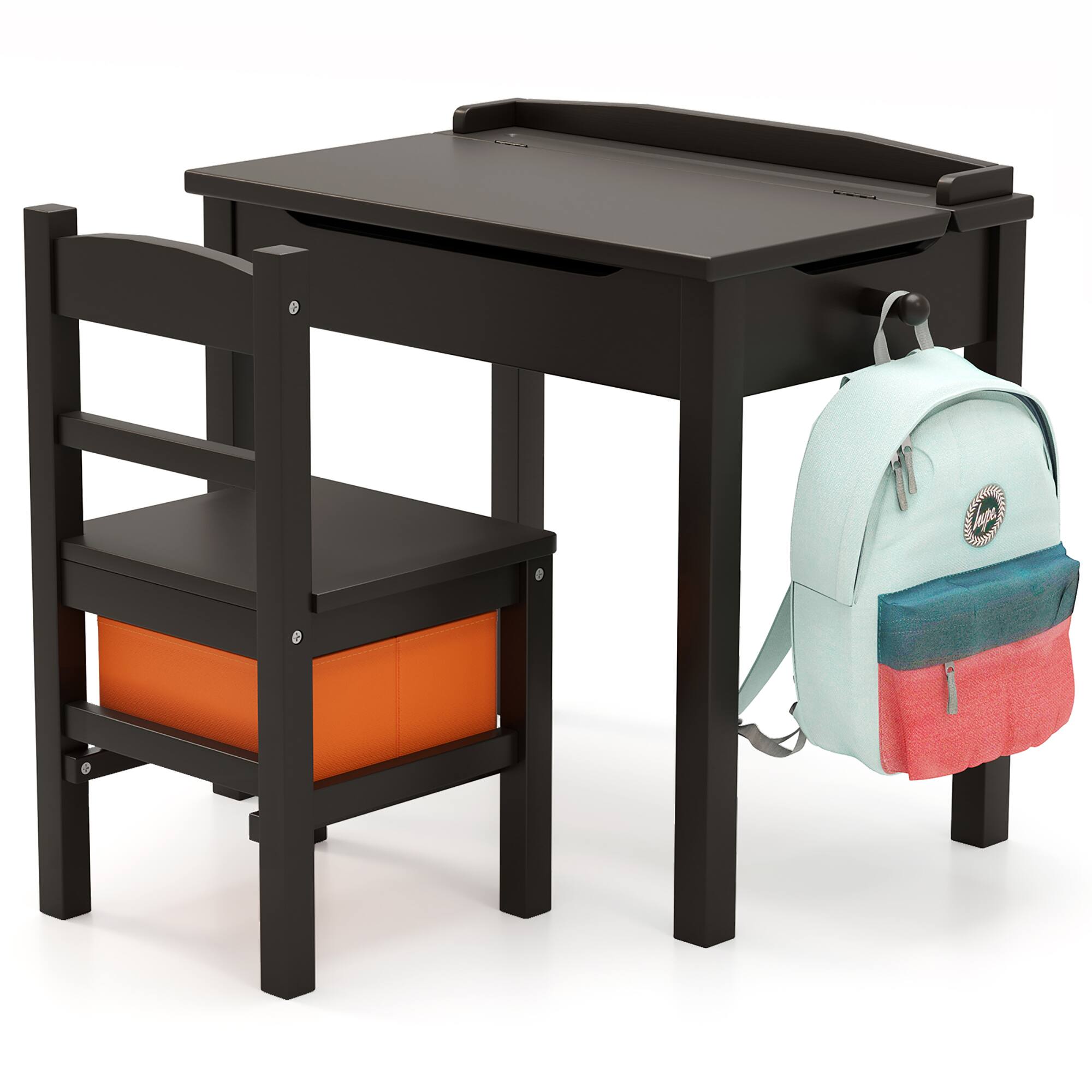 Front. Gymax - Gymax Kids Table and Chair Set Wood Activity Study Desk w/ Storage Drawer Hook Brown - Brown.