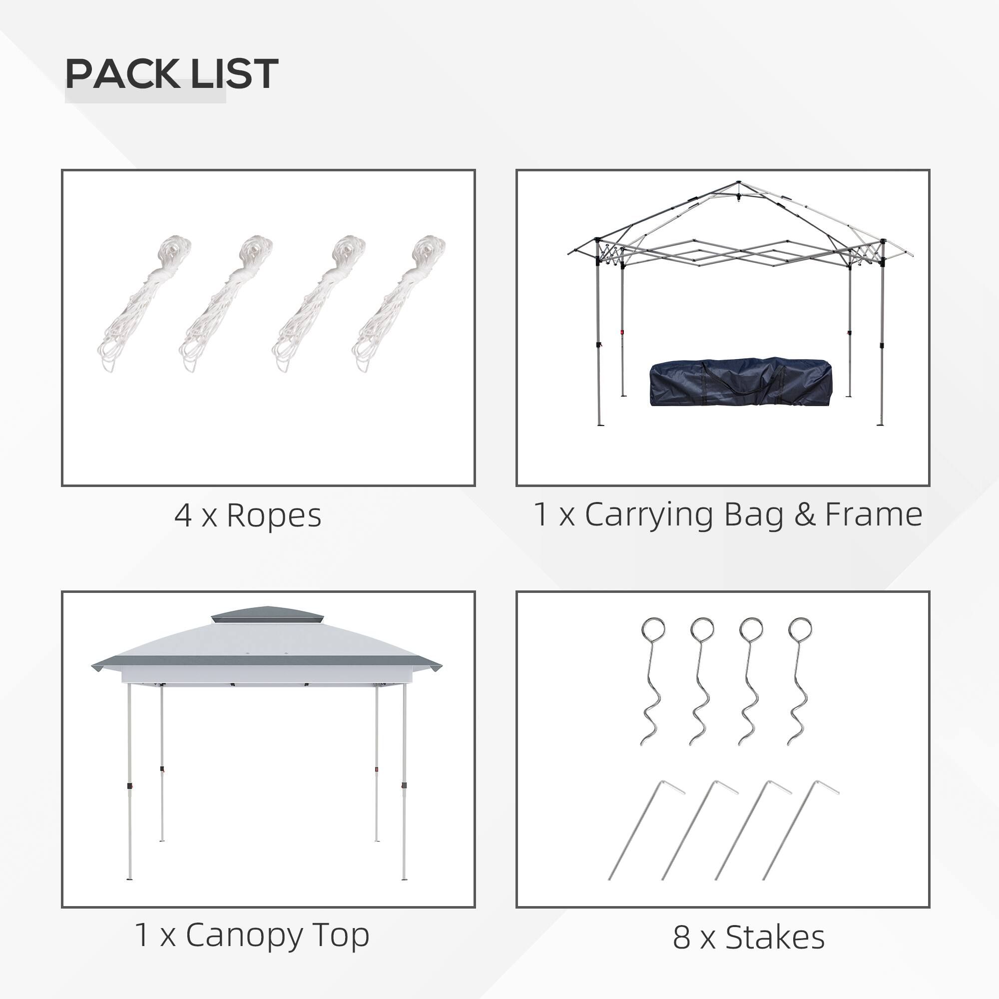 PACK LIST
4 x Ropes
1 x Carrying Bag & Frame
1 x Canopy Top
8 x Stakes