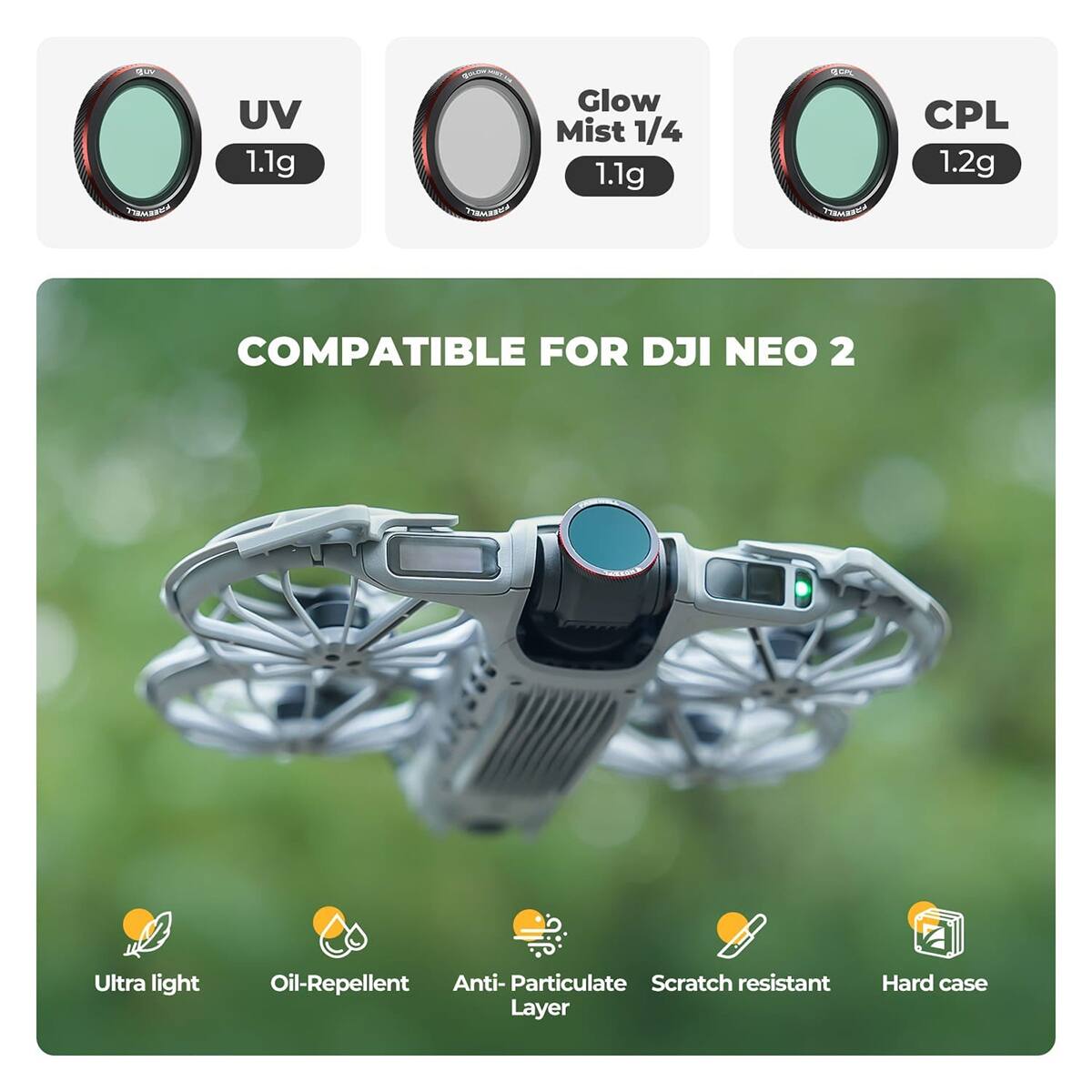 UV TRIAREA UV 1.1g A Glow Mist 1/4 1.1g TIRMBANA CPL 1.2g COMPATIBLE FOR DJI NEO 2 Ultra light Oil-Repellent Anti-Particulate Scratch resistant Layer Hard case