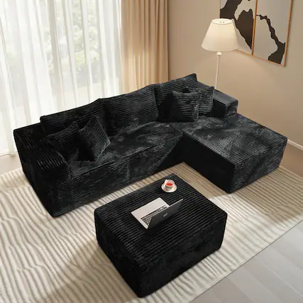 Front. Ovios - 108" Plush Modular Sectional Sofa, L Shaped Couch with Chaise Lounge & Ottoman - Black(Right Facing).