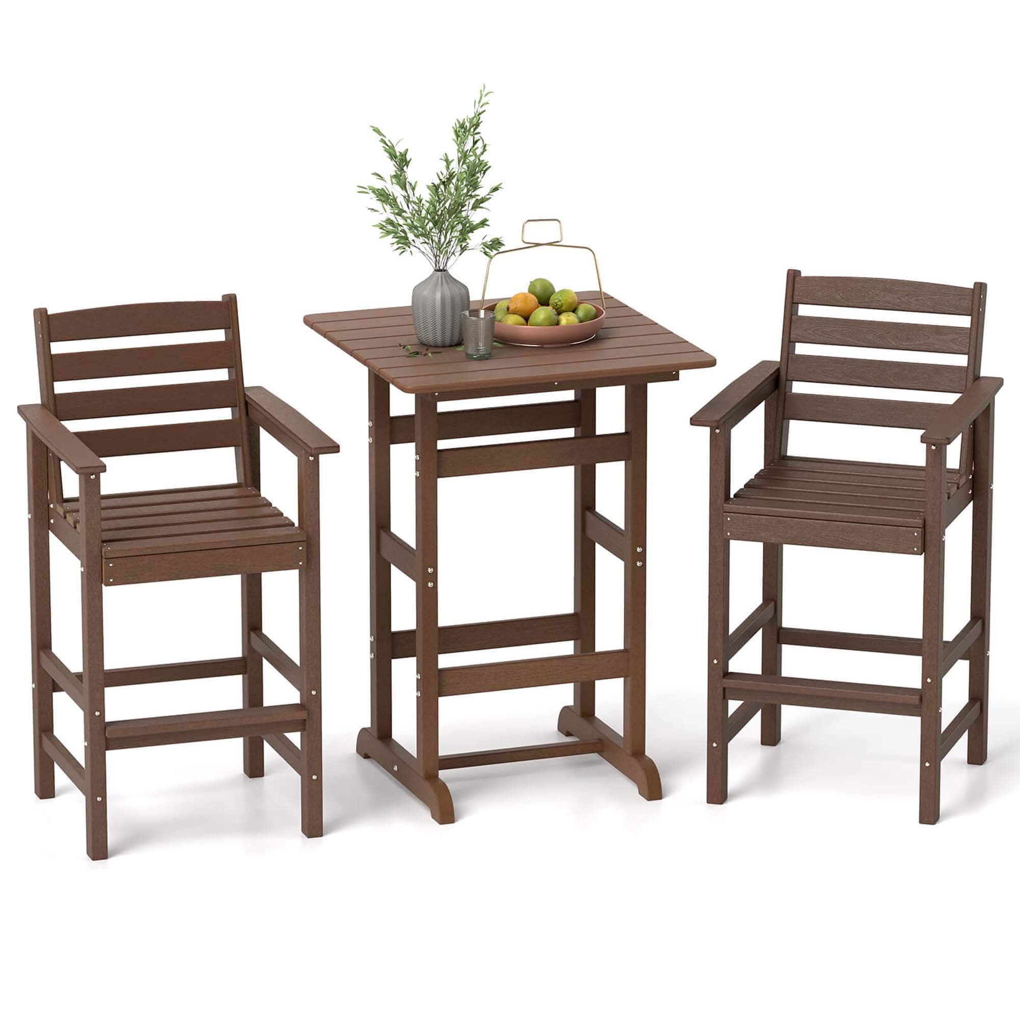 Costway - 3-Piece Patio HDPE Bar Set Armchairs with Square High-Top Table Footrest Backrest - Brown