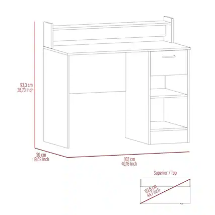 93.3 cm
36.73 Inch
50 cm
19.69 Inch
102 cm
40.16 Inch
Superior / Top
113.6 cm
44.7 Inch