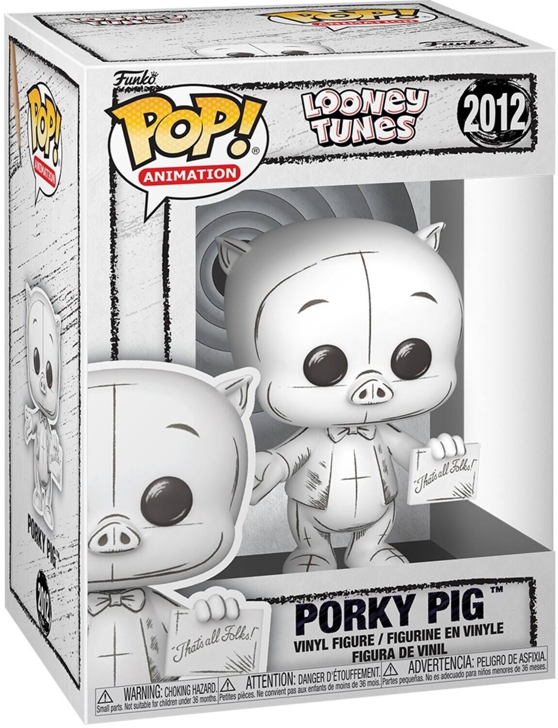 Funko POP! Animation  
Looney Tunes  
2012  

Porky Pig  
Vinyl Figure / Figurine en Vinyle / Figura de Vinil  

That's all Folks!  

Warning: Choking Hazard. Small parts. Not suitable for children under 36 months.  
Advertencia: Peligro de asfixia. No es adecuado para niños menores de 36 meses.  
Attention: Danger d'étouffement. Ne convient pas aux enfants de moins de 36 mois.