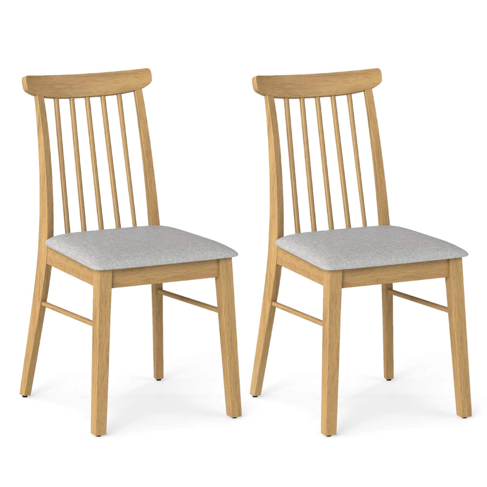 Costway - 2 PCS Dining Chairs with Rubber Wood Frame Padded Seat Spindle Back for Restaurant - Gray + Natural