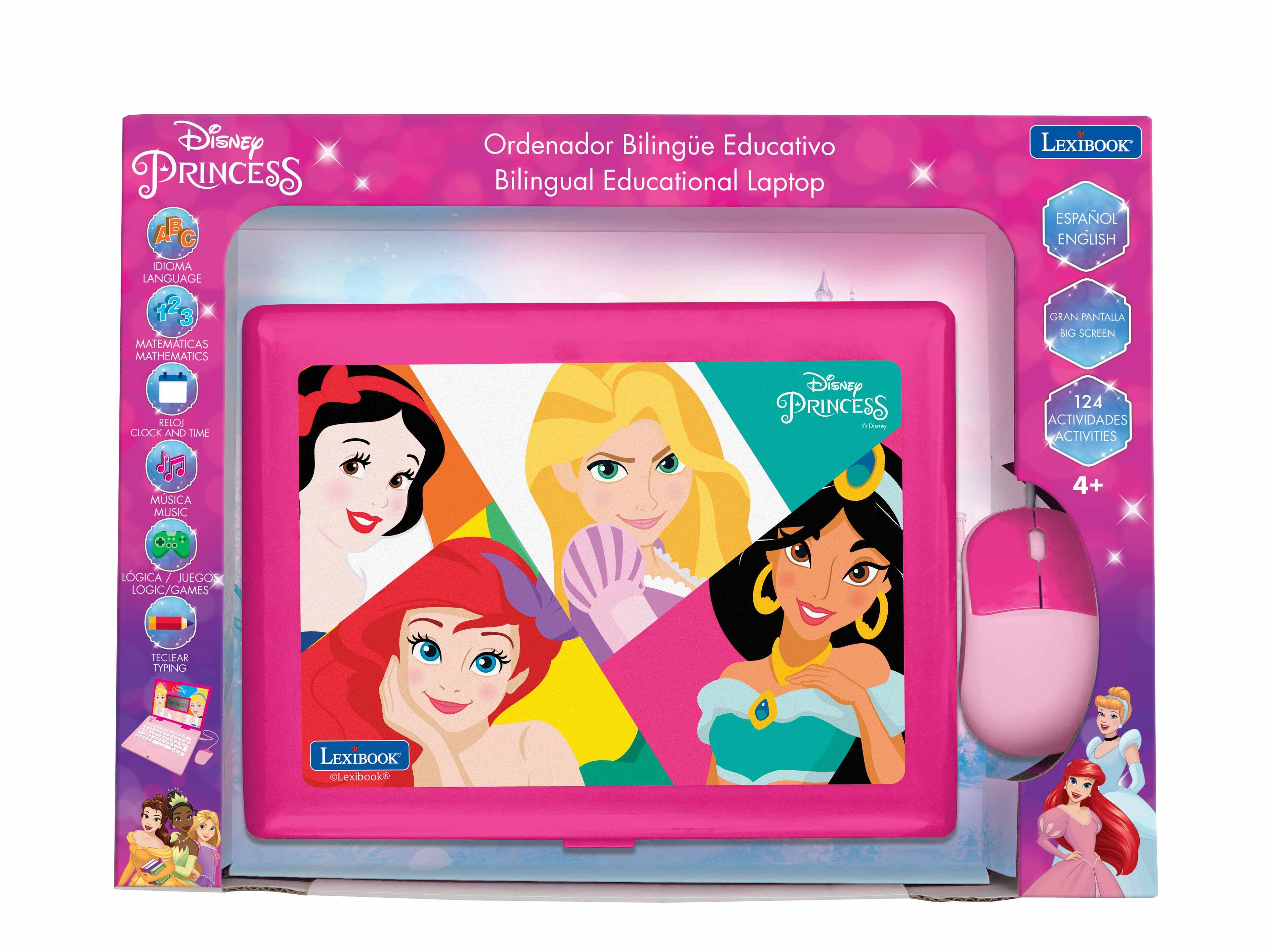 Disney PRINCESS ABC IDIOMA LANGUAGE 123 MATEMATICAS MATHEMATICS RELOJ CLOCK AND TIME Ordenador Bilingüe Educativo Bilingual Educational Laptop Disney PRINCESS . Creney LEXIBOOK ESPAÑOL ENGLISH GRAN PANTALLA BIG SCREEN 124 ACTIVIDADES ACTIVITIES MUSICA MUSIC LOGICA / JUEGOS LOGIC / GAMES TECLEAR TYPING LEXIBOOK