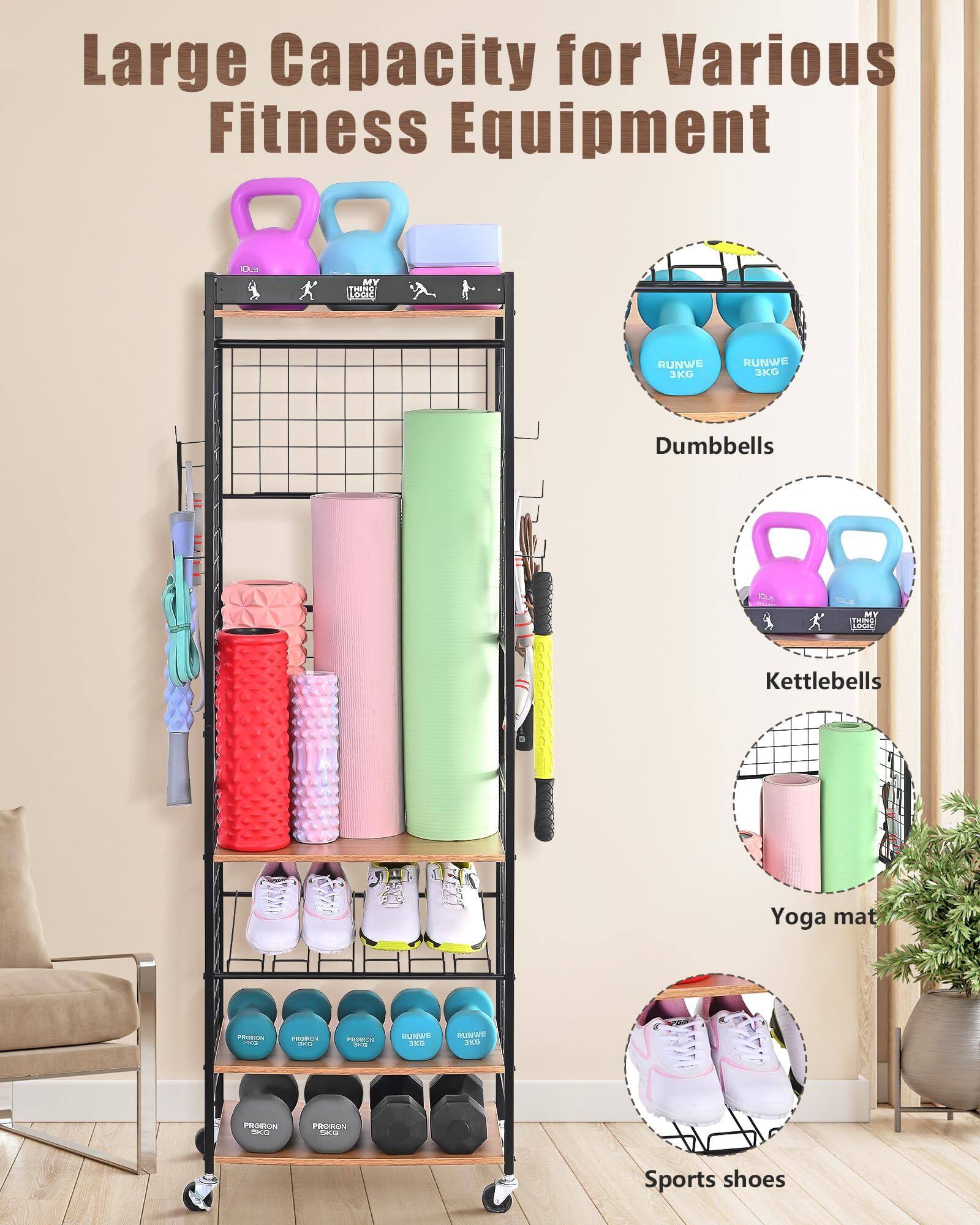 Large Capacity for Various Fitness Equipment

- Dumbbells
- Kettlebells
- Yoga mat
- Sports shoes