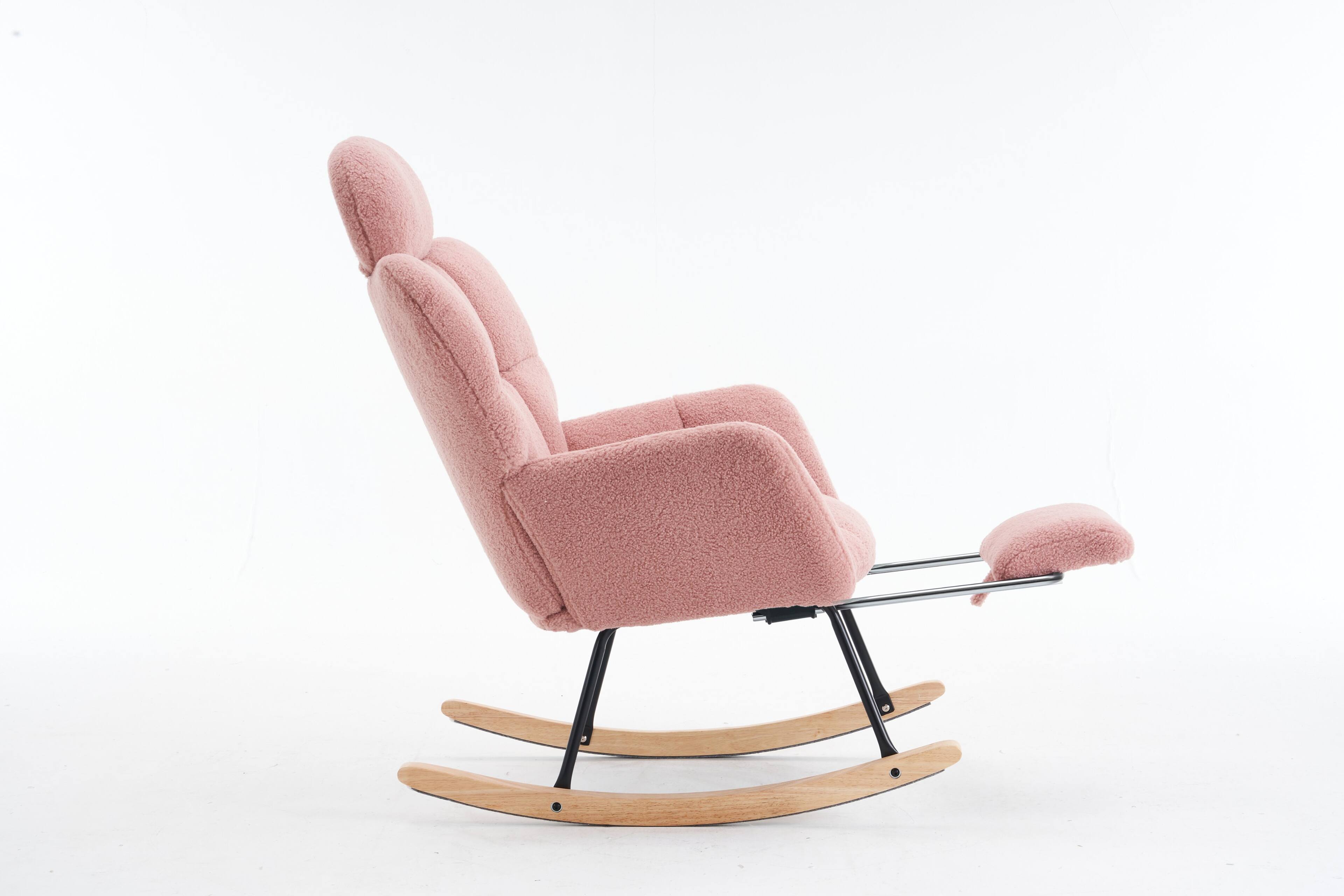 Alt View 6. GOODSILO - Teddy Fabric Upholstered Nursery Rocking Chair with Pillow & Footrest, Modern Accent Armchair - Pink.