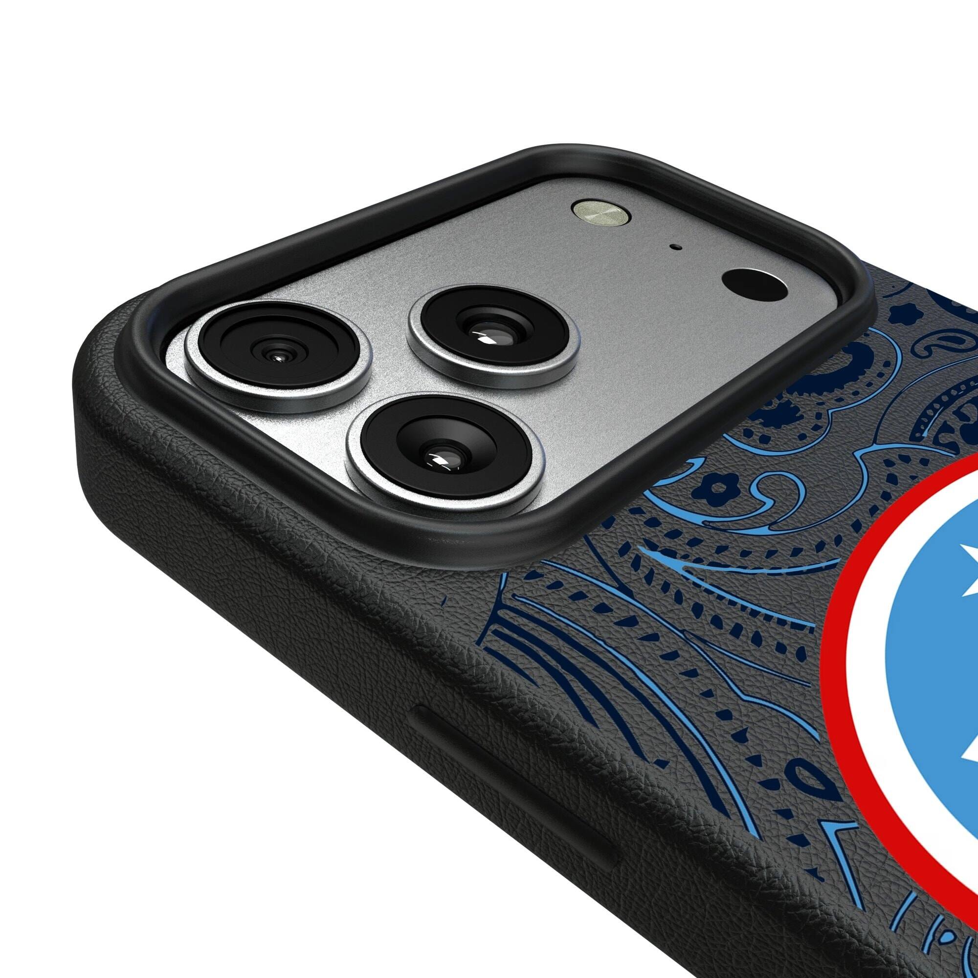 Alt View 2. Keyscaper - Tennessee Titans Paisley iPhone Magnetic Bump Case - 15 Plus - Black.