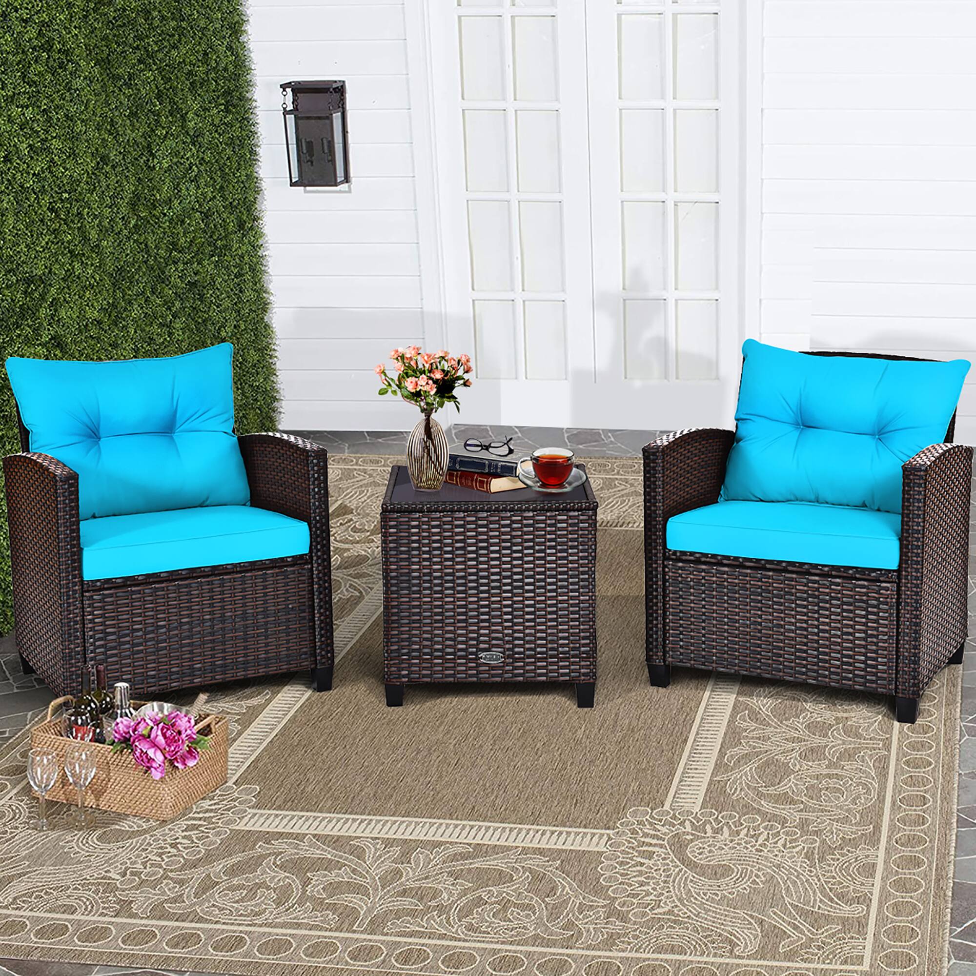 Alt View 1. Costway - 3PCS Patio Rattan Furniture Set Cushioned Conversation Set Sofa - Turquoise.