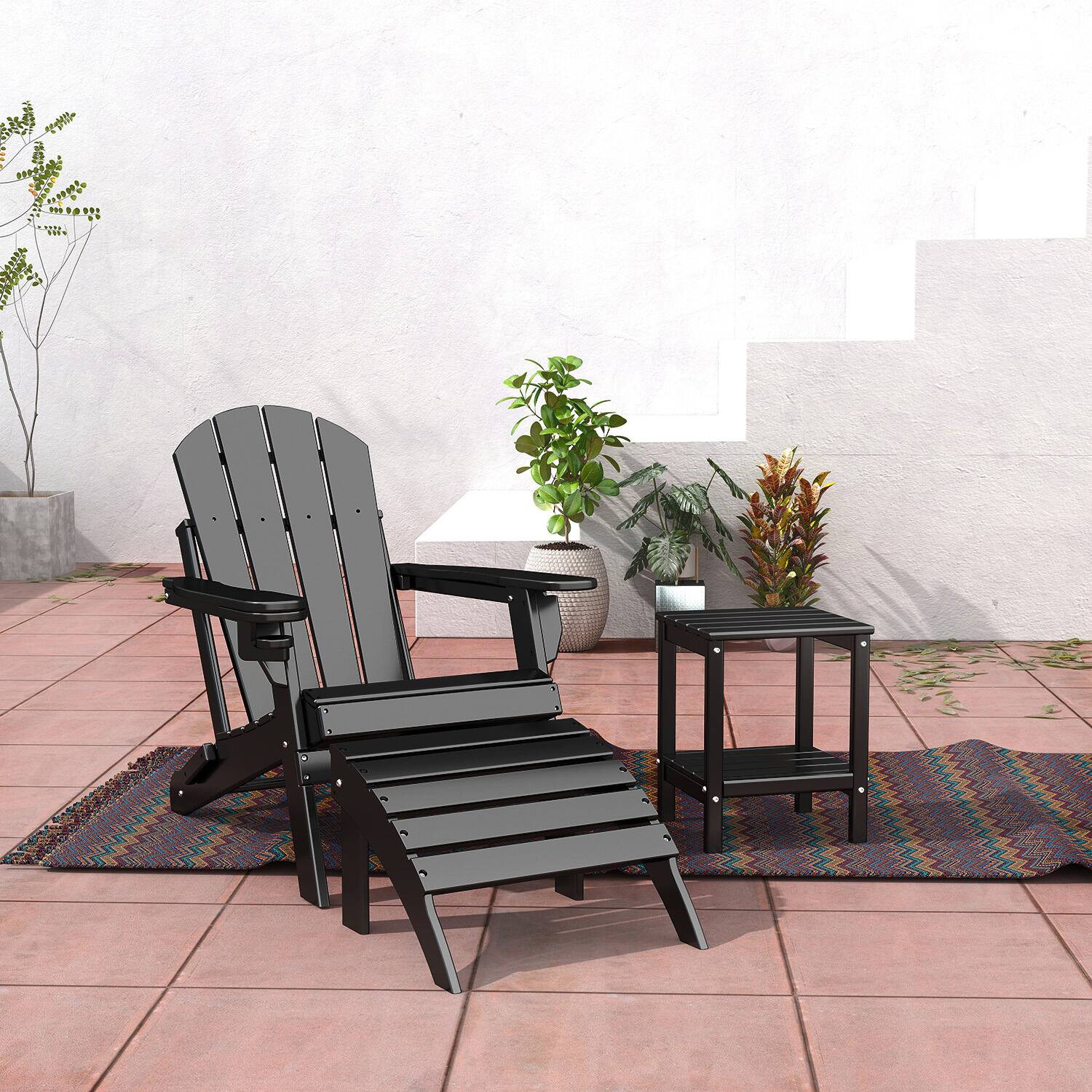 Alt View 1. FODINGHILL - HDPE Adirondack Ottoman Set of 2, All weather Footrest for Patio & Garden - Black.