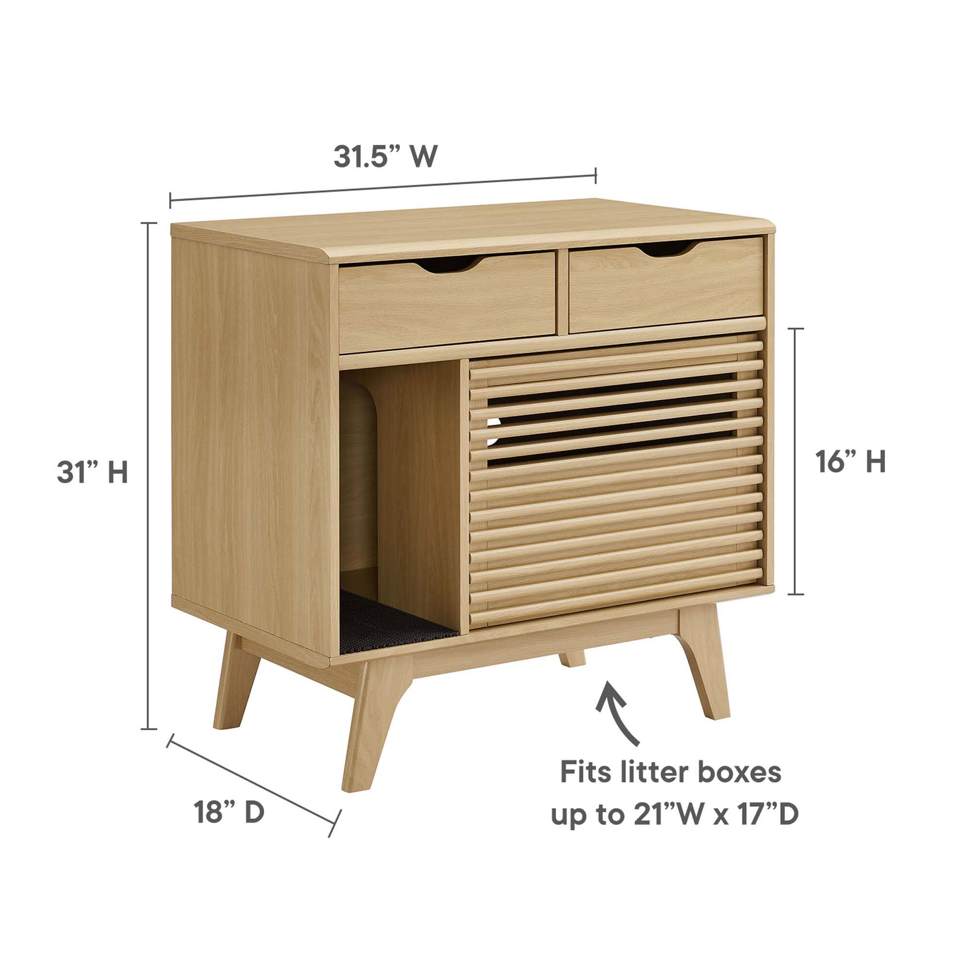 31.5" W  
31" H  
16" H  
18" D  
Fits litter boxes up to 21"W x 17"D