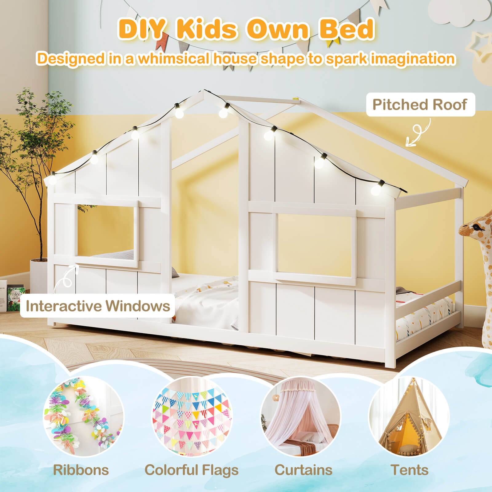DIY Kids Own Bed  
Designed in a whimsical house shape to spark imagination  

Pitched Roof  
Interactive Windows  
Ribbons  
Colorful Flags  
Curtains  
Tents